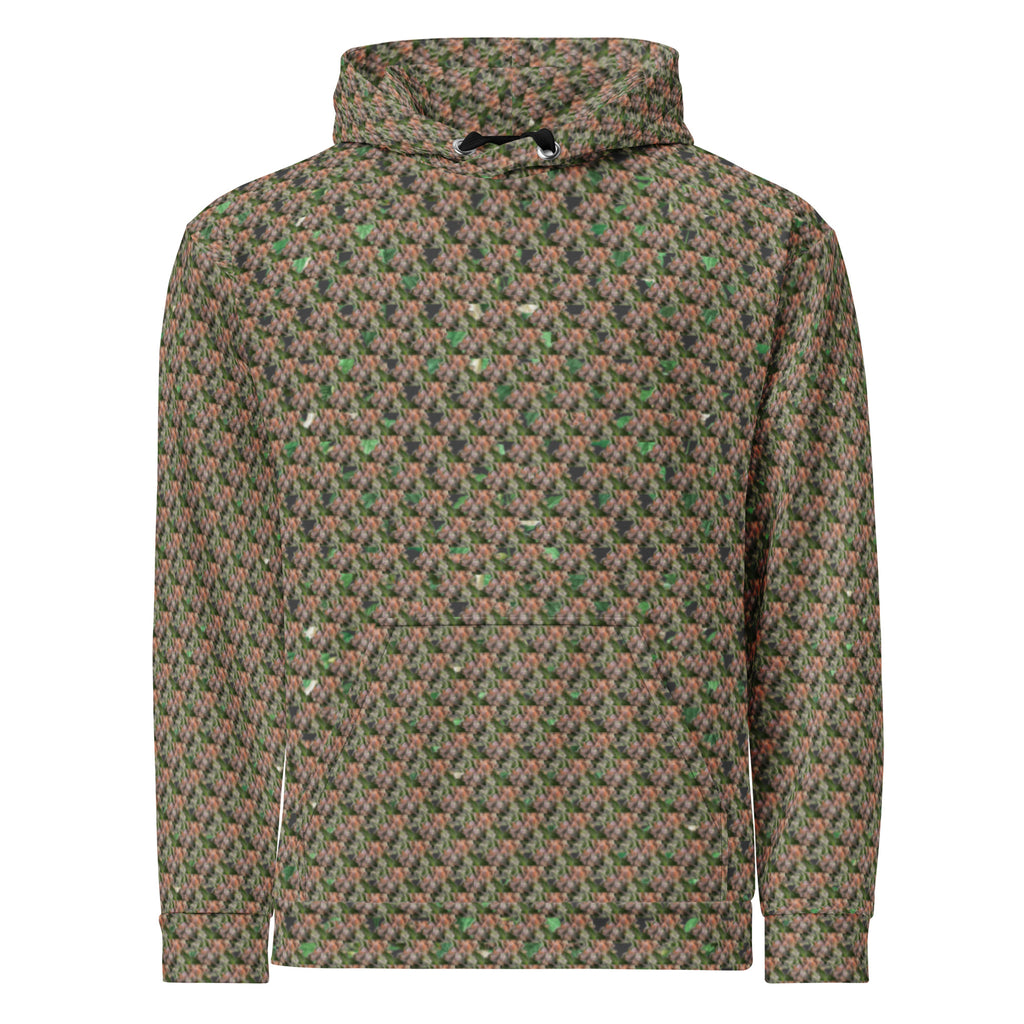 Brown-bud unisex hoodie by BudWear featuring all-over recycled print, front view showing casual style and vibrant design.