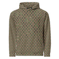Brown-bud unisex hoodie by BudWear featuring all-over recycled print, front view showing casual style and vibrant design.