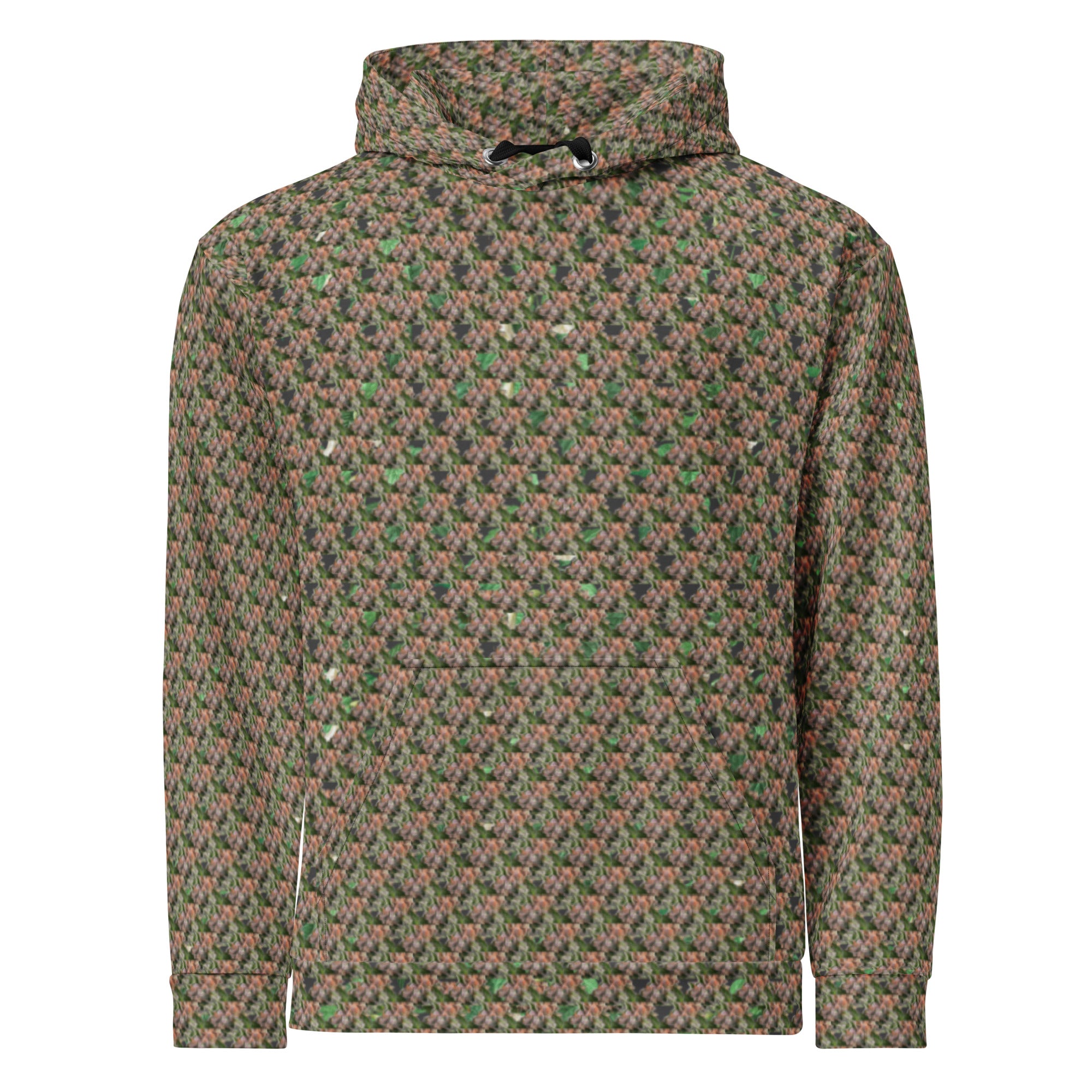 Brown-bud unisex hoodie by BudWear featuring all-over recycled print, front view showing casual style and vibrant design.