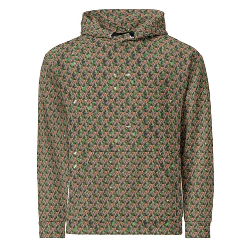 Brown-bud unisex hoodie by BudWear featuring all-over recycled print, front view showing casual style and vibrant design.