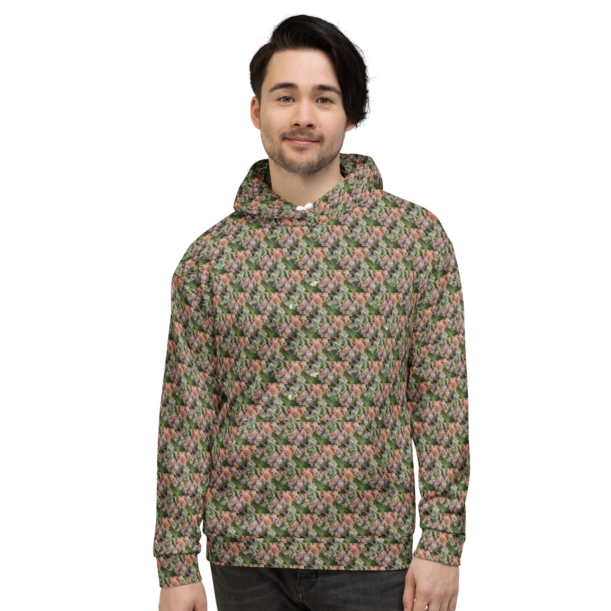 Brown-bud unisex hoodie by BudWear featuring all-over recycled print, front view showcasing casual fit and eco-friendly design.
