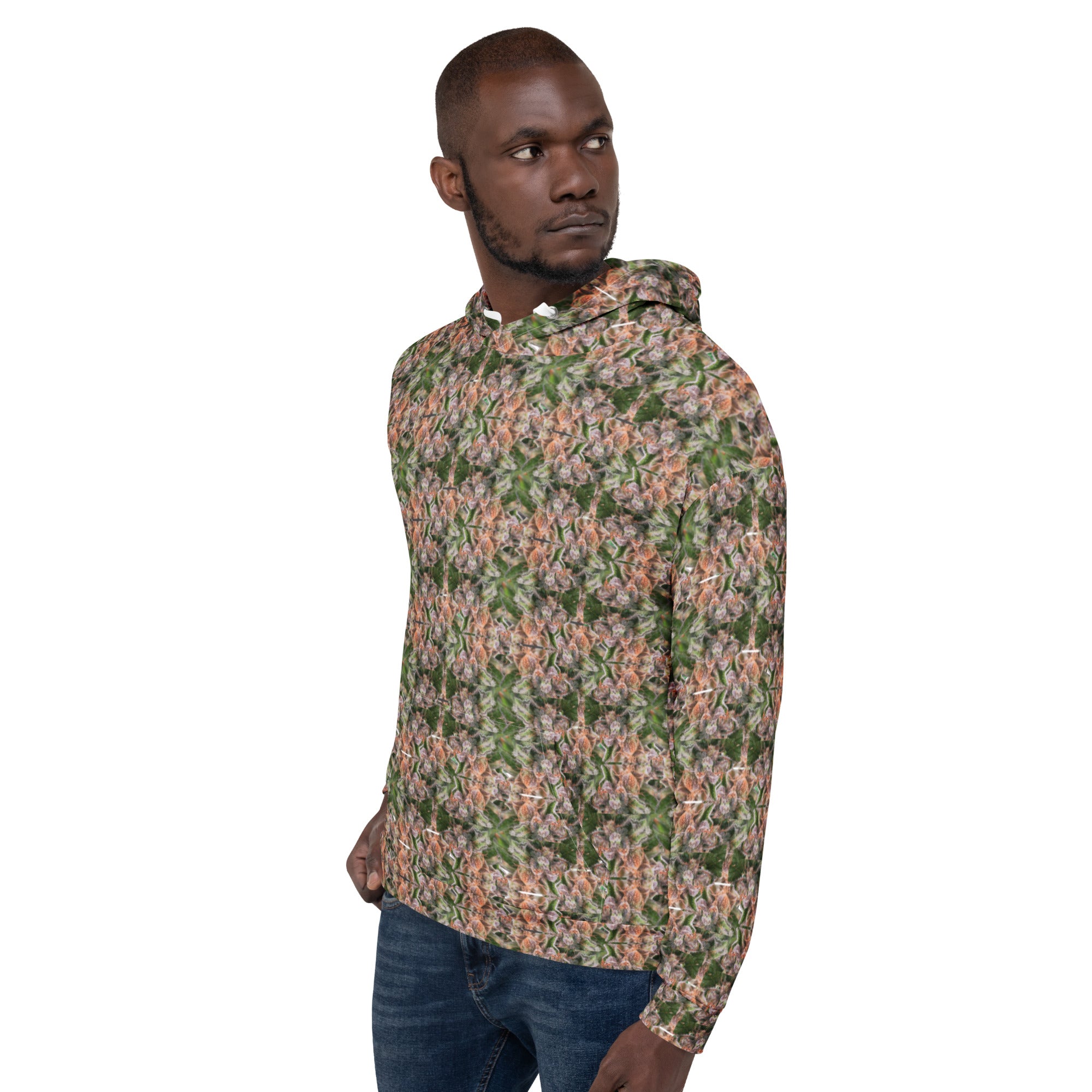 All-over-print white Buddy Hoodie by BudWear, unisex recycled hoodie displayed on a model.