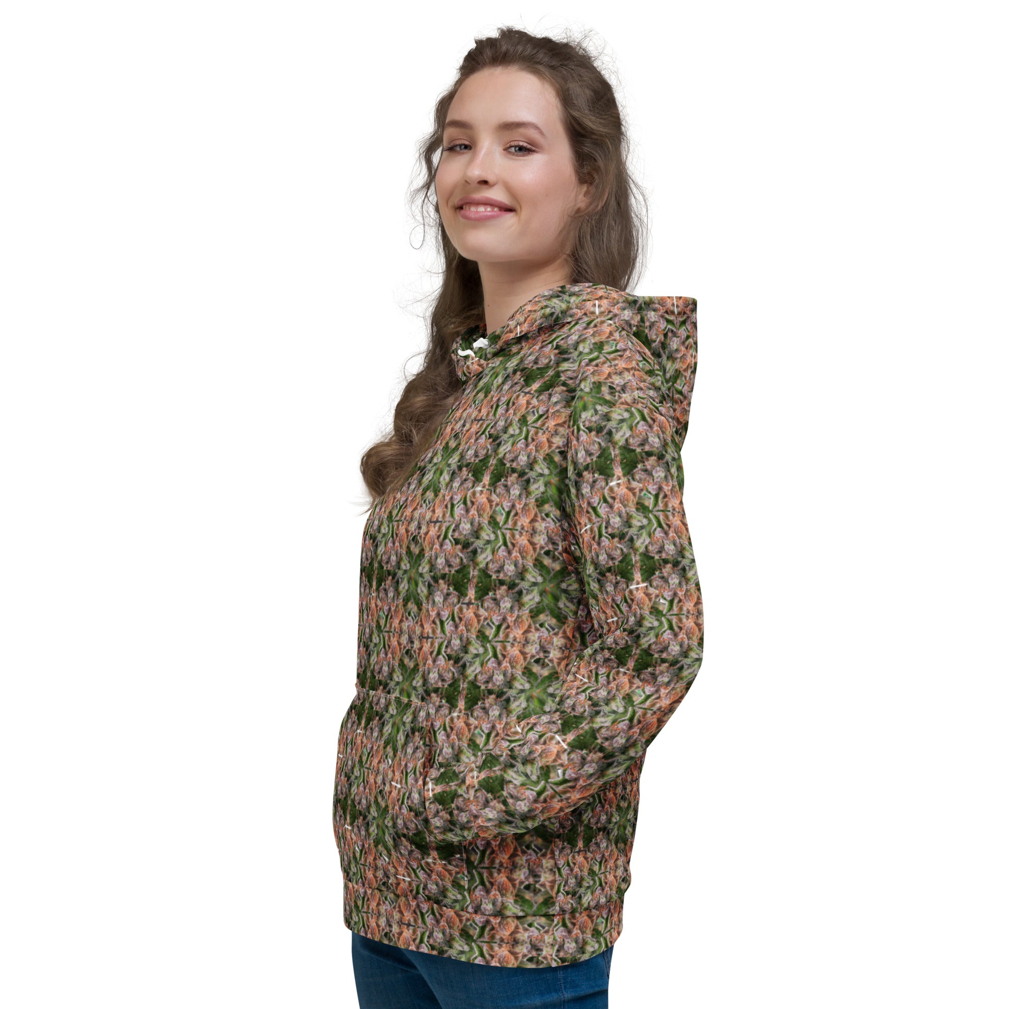 White Buddy Hoodie by BudWear featuring all-over recycled print, unisex design with a comfortable fit.