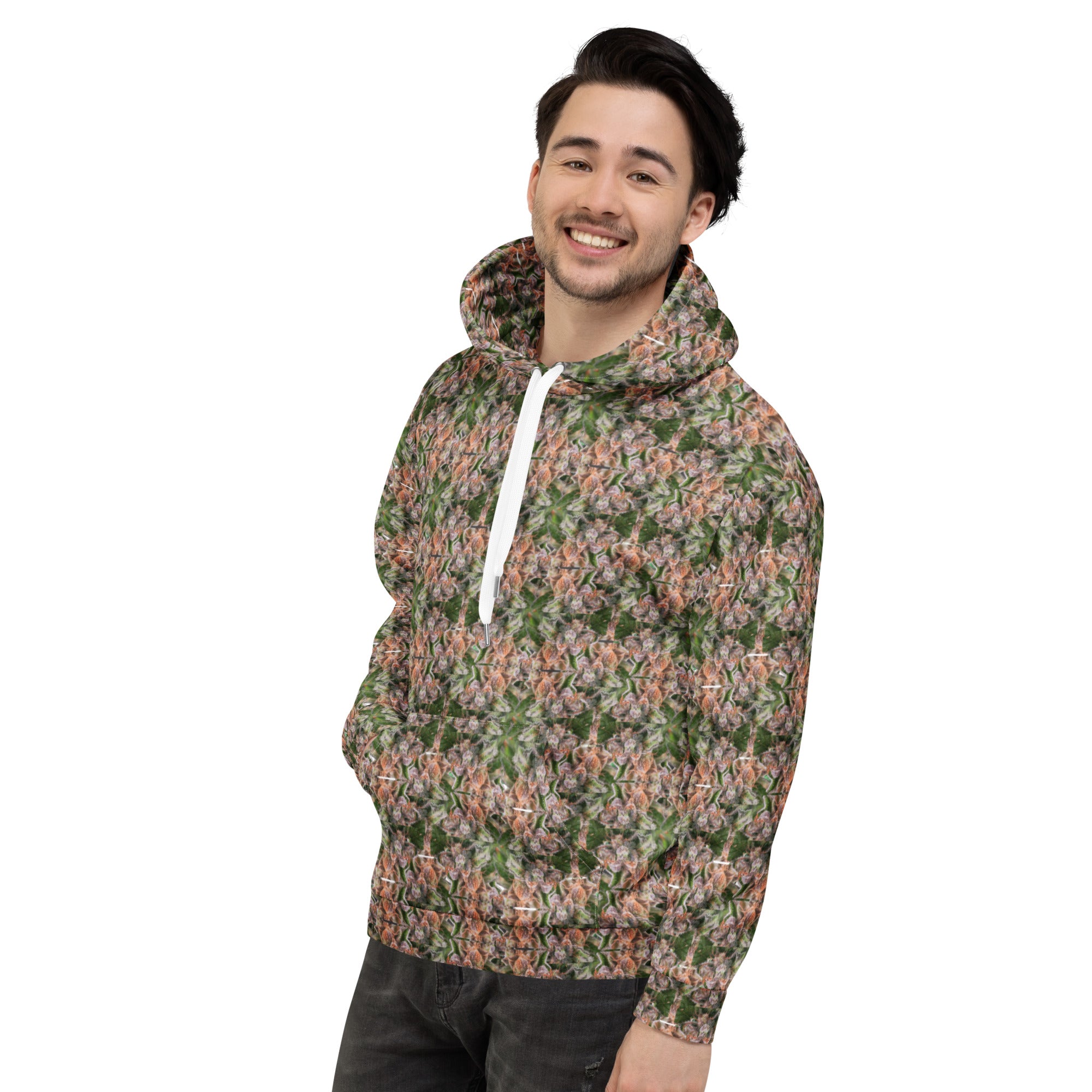 White Buddy Hoodie by BudWear featuring all-over recycled print, unisex design, casual fit, and comfortable fabric.