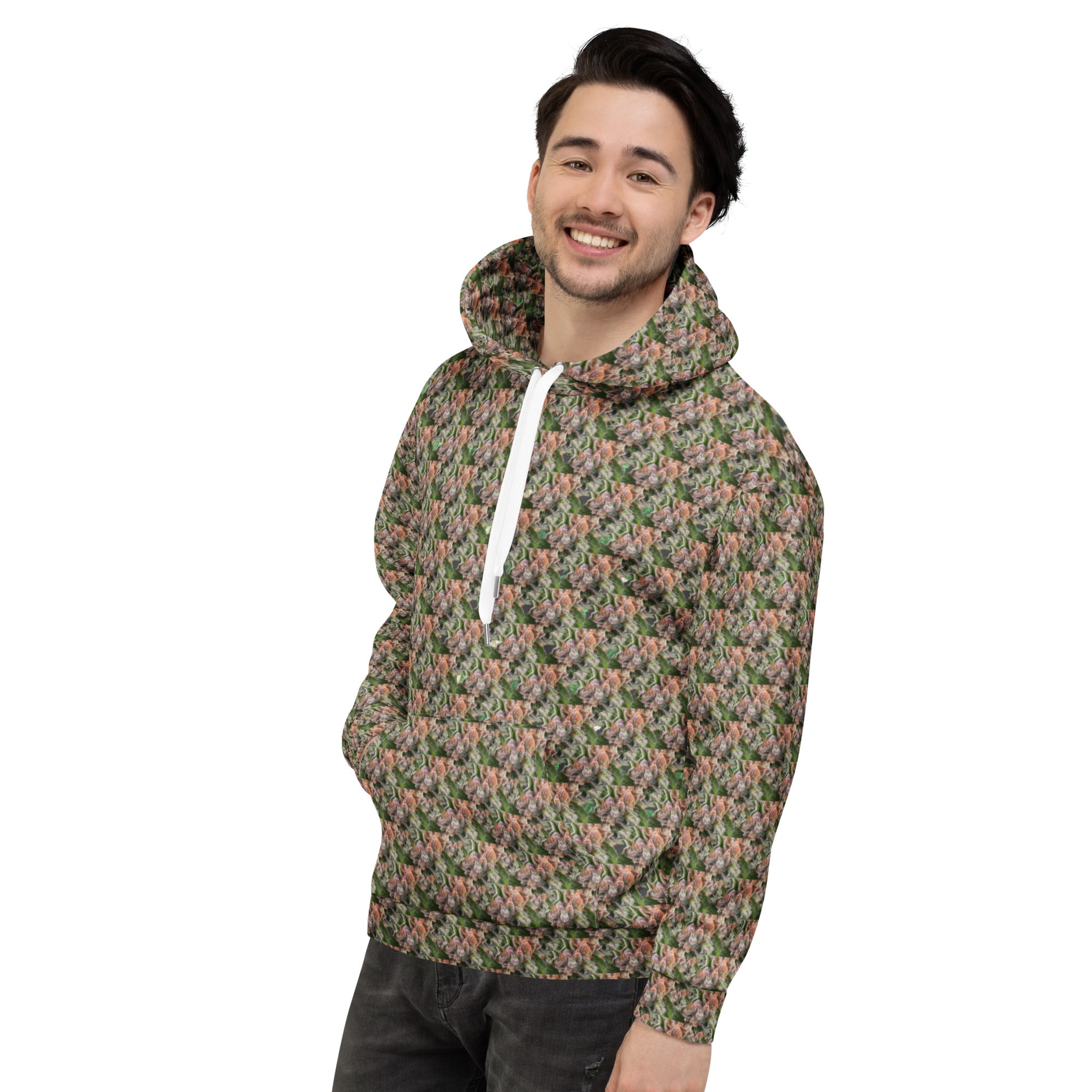 Brown cannabis print pullover hoodie worn as unisex streetwear