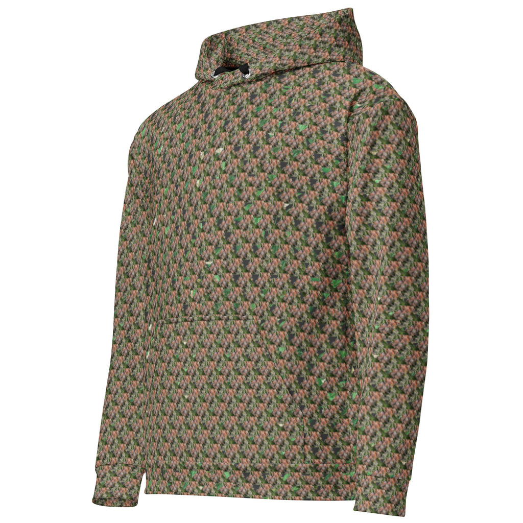 Brown-bud unisex hoodie by BudWear featuring all-over recycled print on white fabric, shown from the left front view.