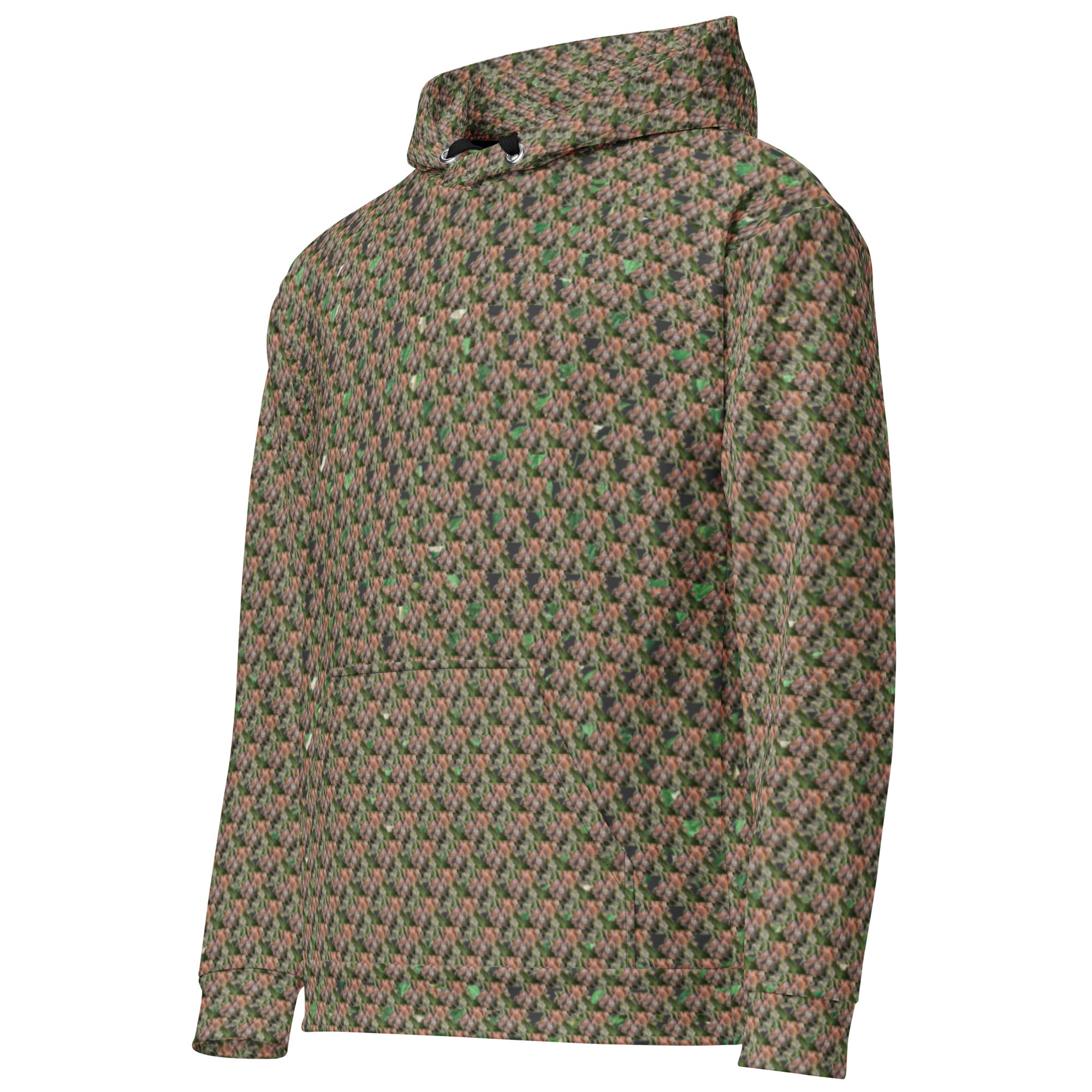 Brown-bud unisex hoodie by BudWear featuring all-over recycled print on white fabric, shown from the left front view.