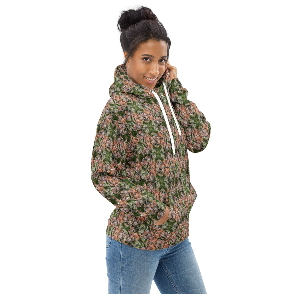 White Buddy Hoodie by BudWear, unisex recycled hoodie with all-over print, casual and comfortable streetwear style.