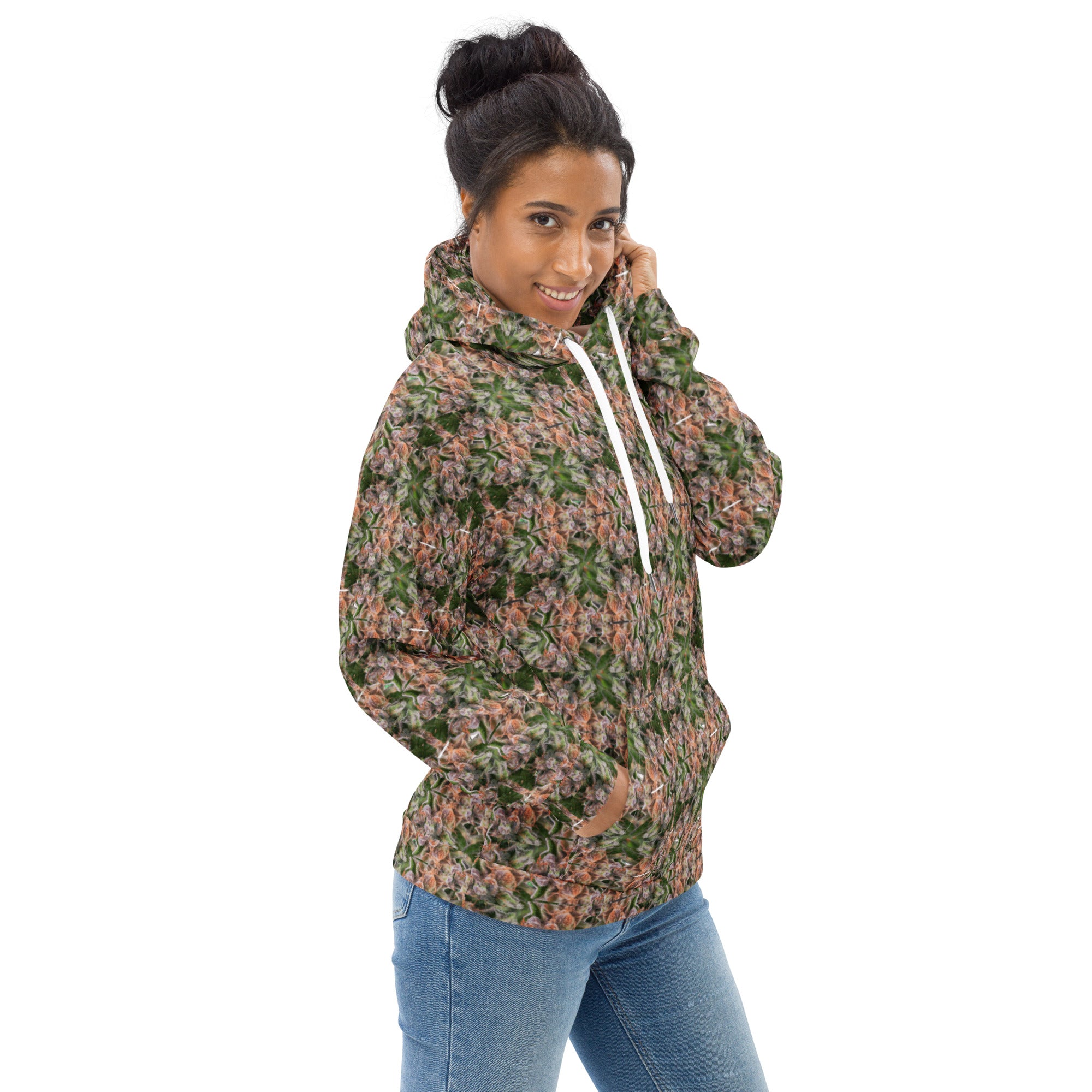 White Buddy Hoodie by BudWear, unisex recycled hoodie with all-over print, casual and comfortable streetwear style.