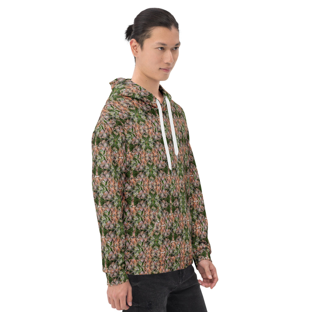 Unisex Buddy Hoodie by BudWear with all-over recycled print on white fabric, showcasing a casual, eco-friendly hoodie design.