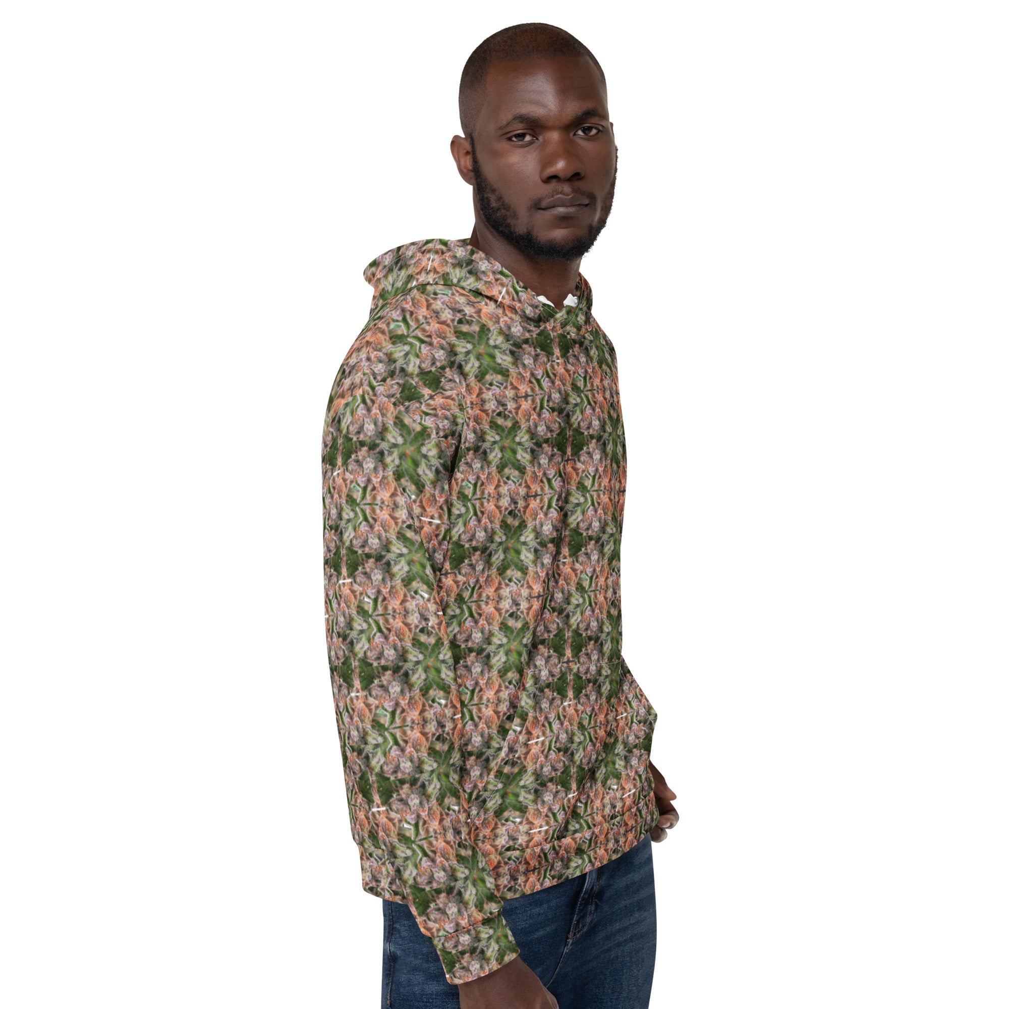 Unisex Buddy Hoodie by BudWear with all-over recycled print on white fabric, showcasing a casual, comfortable hoodie design.