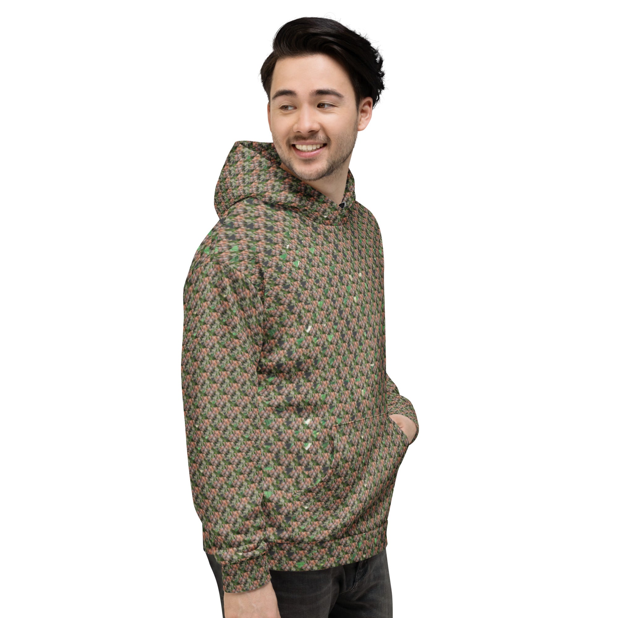 All-over print recycled brown-bud unisex hoodie from BudWear, showcasing a stylish and eco-friendly casual hoodie.