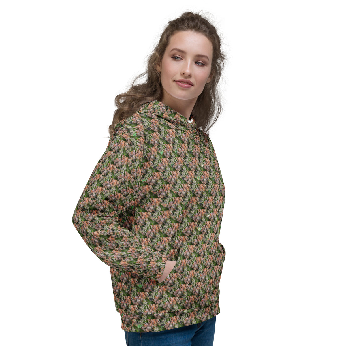 Unisex brown-bud hoodie by BudWear featuring all-over recycled print on a white background.