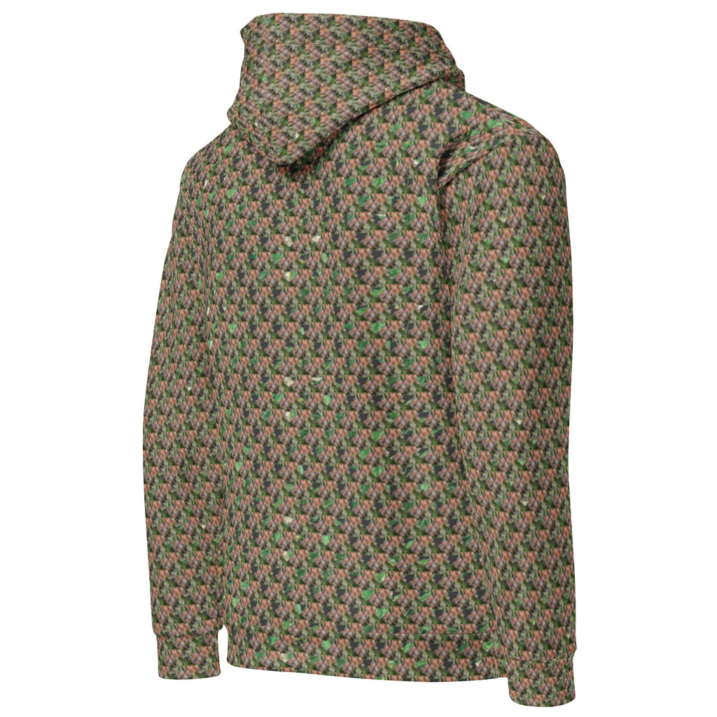 Brown-bud Unisex Hoodie by BudWear, all-over recycled print, cotton blend with ribbed cuffs, shown from the back side.