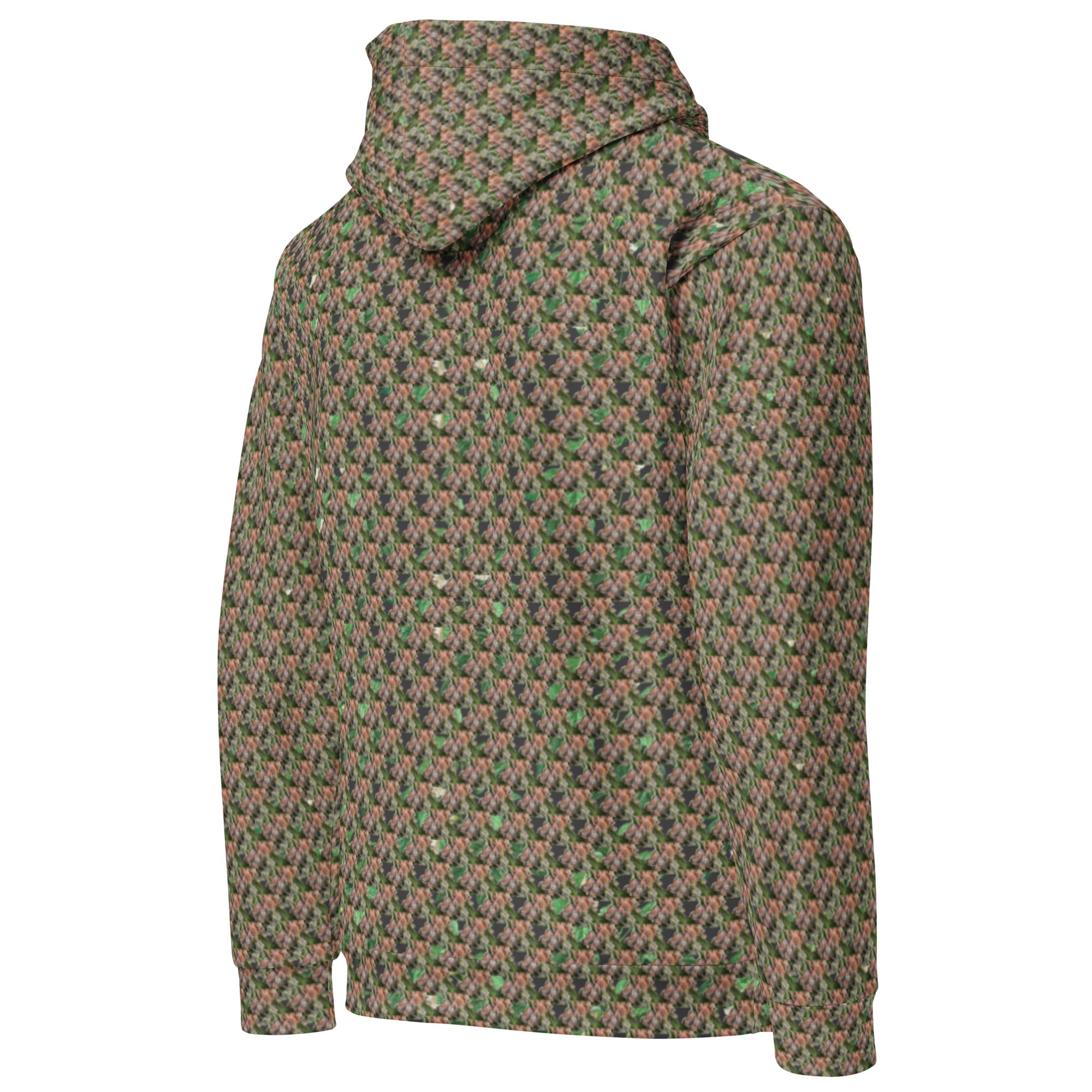 Brown-bud Unisex Hoodie by BudWear, all-over recycled print, cotton blend with ribbed cuffs, shown from the back side.