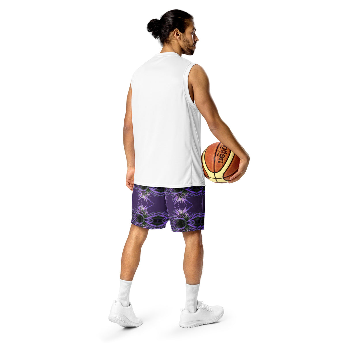 White unisex mesh shorts by BudWear with all-over recycled print, showing the back view and lightweight breathable fabric.