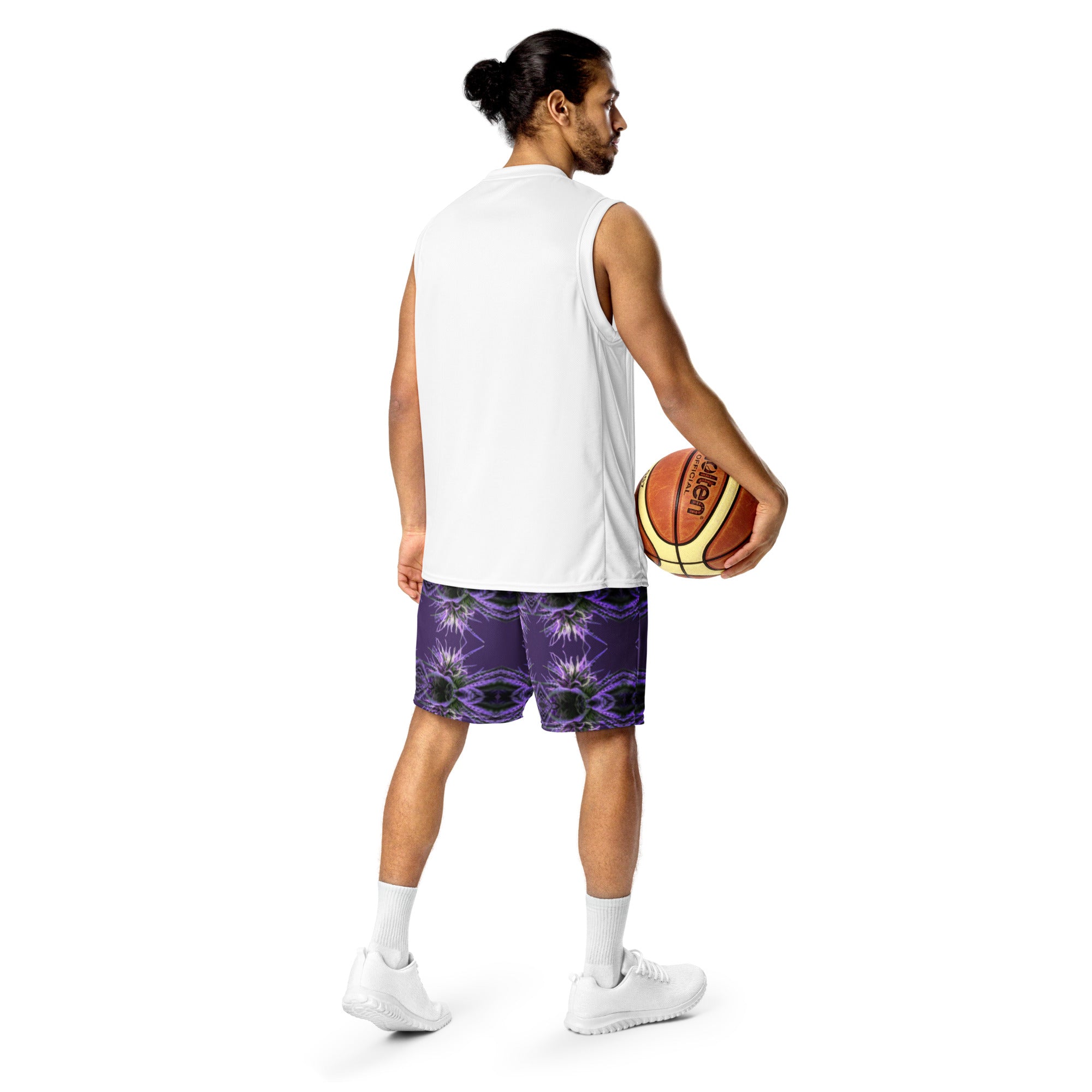 Purple bud Unisex mesh shorts by BudWear with all-over recycled print, showing the white back design and casual fit.