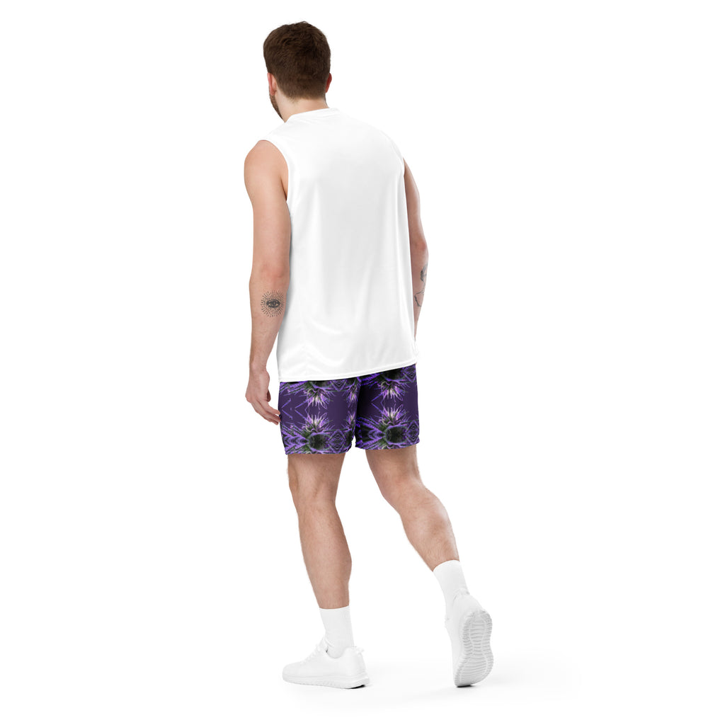 Purple BudWear unisex mesh shorts with all-over print, featuring a recycled fabric design and a white back detail.