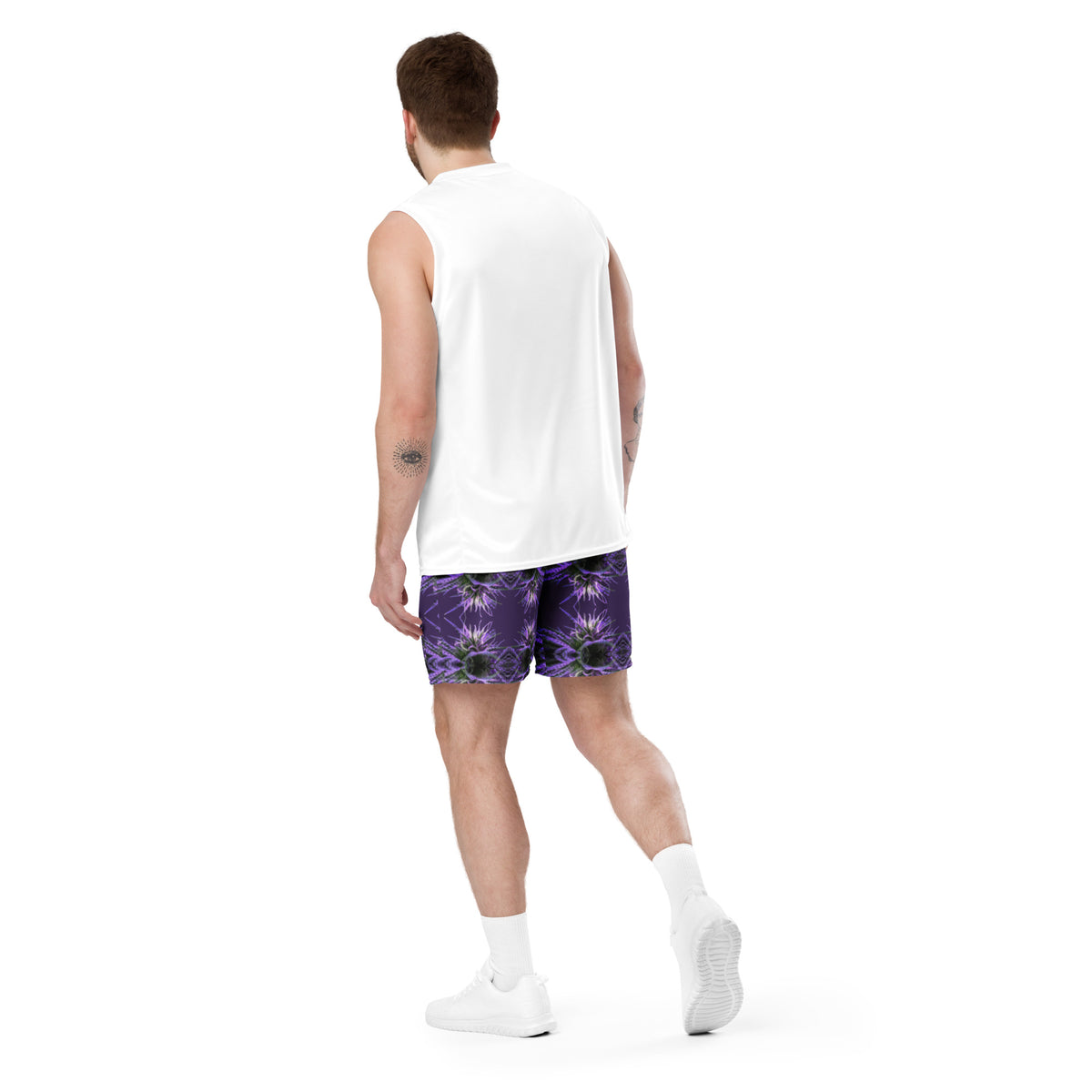 Unisex mesh shorts by BudWear with all-over recycled print, white fabric, and lightweight breathable design from the back view.