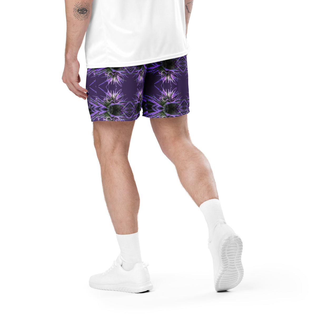 Unisex mesh shorts by BudWear with all-over recycled print, white fabric, back view showcasing lightweight breathable design.