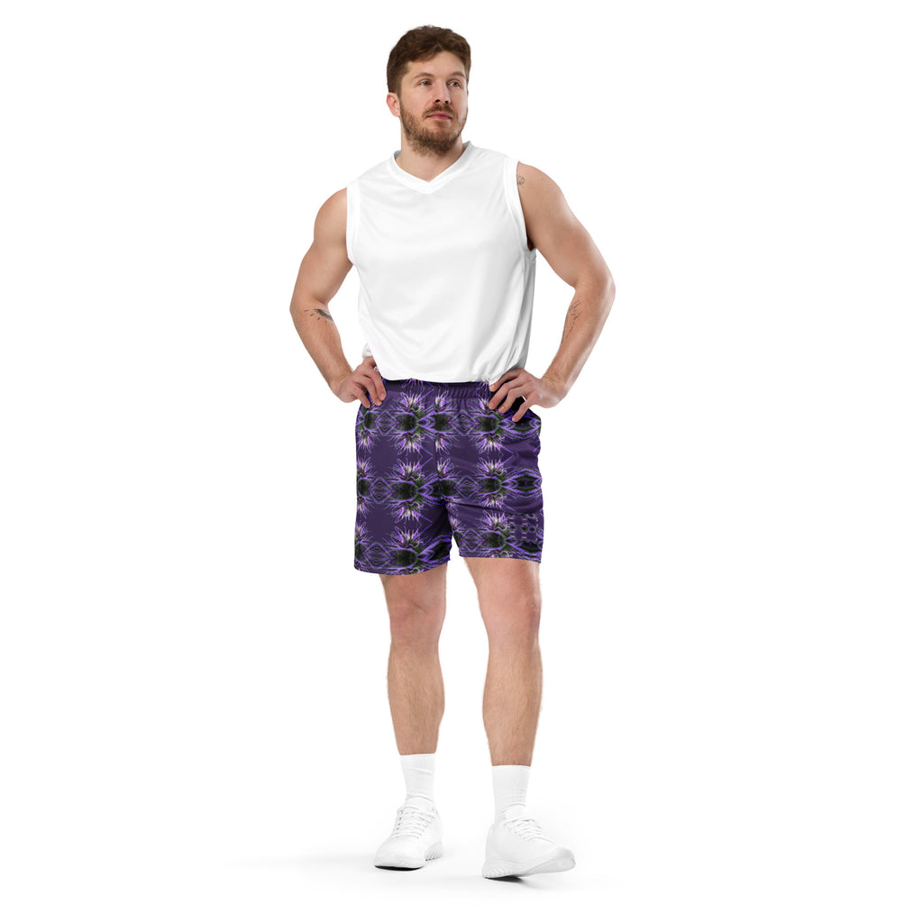Purple BudWear unisex mesh shorts with all-over print, featuring recycled fabric and a relaxed fit, front view.