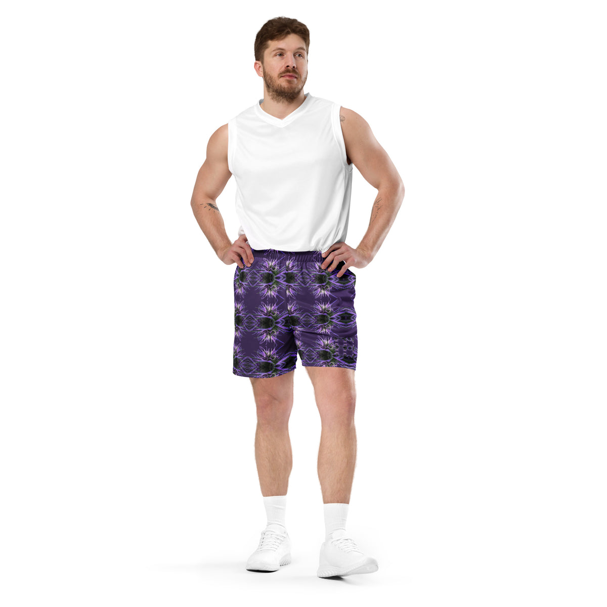 Unisex mesh shorts by BudWear with an all-over recycled print, white fabric, and relaxed fit for casual wear.