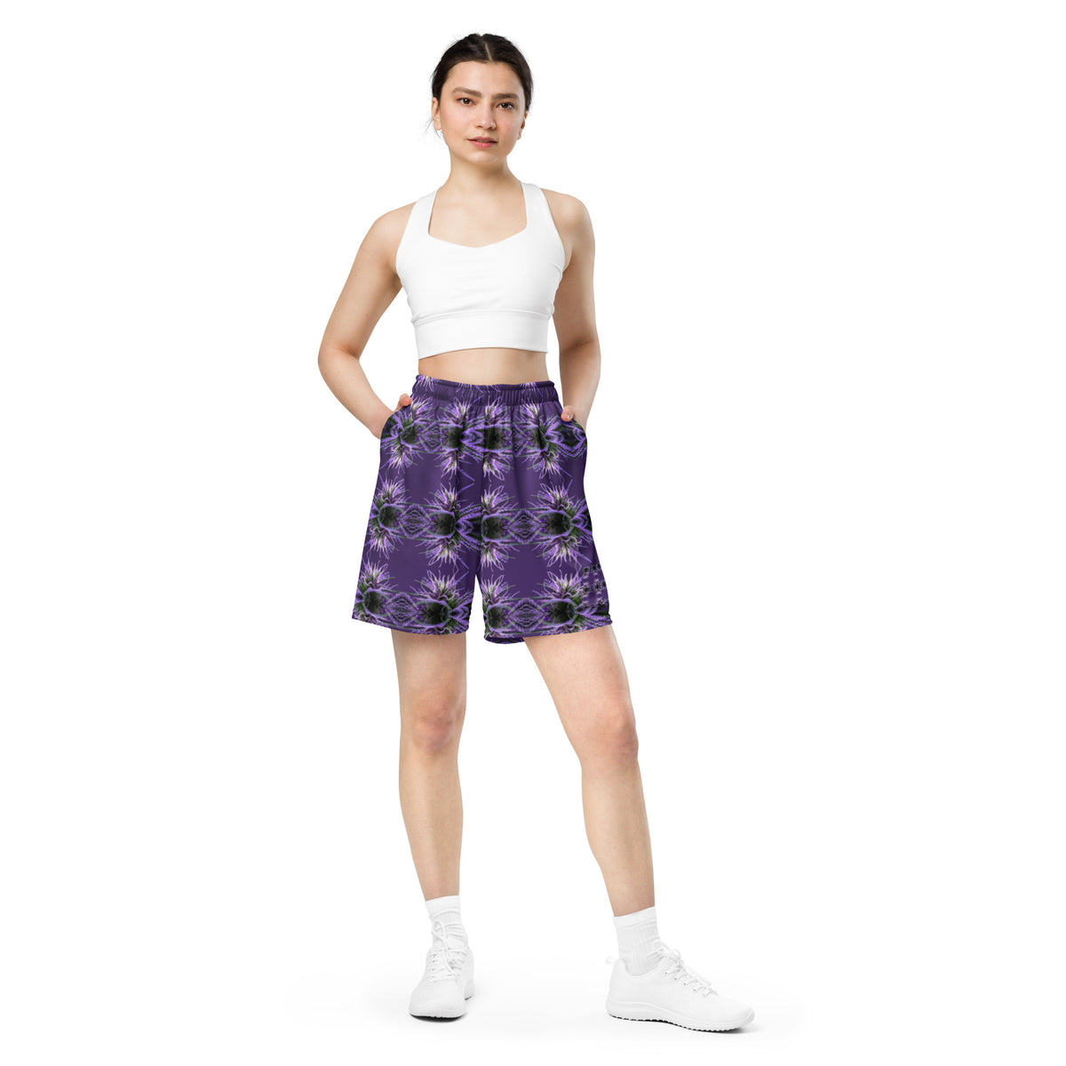 Recycled white unisex mesh shorts with all-over print by BudWear, featuring breathable lightweight fabric and casual style.