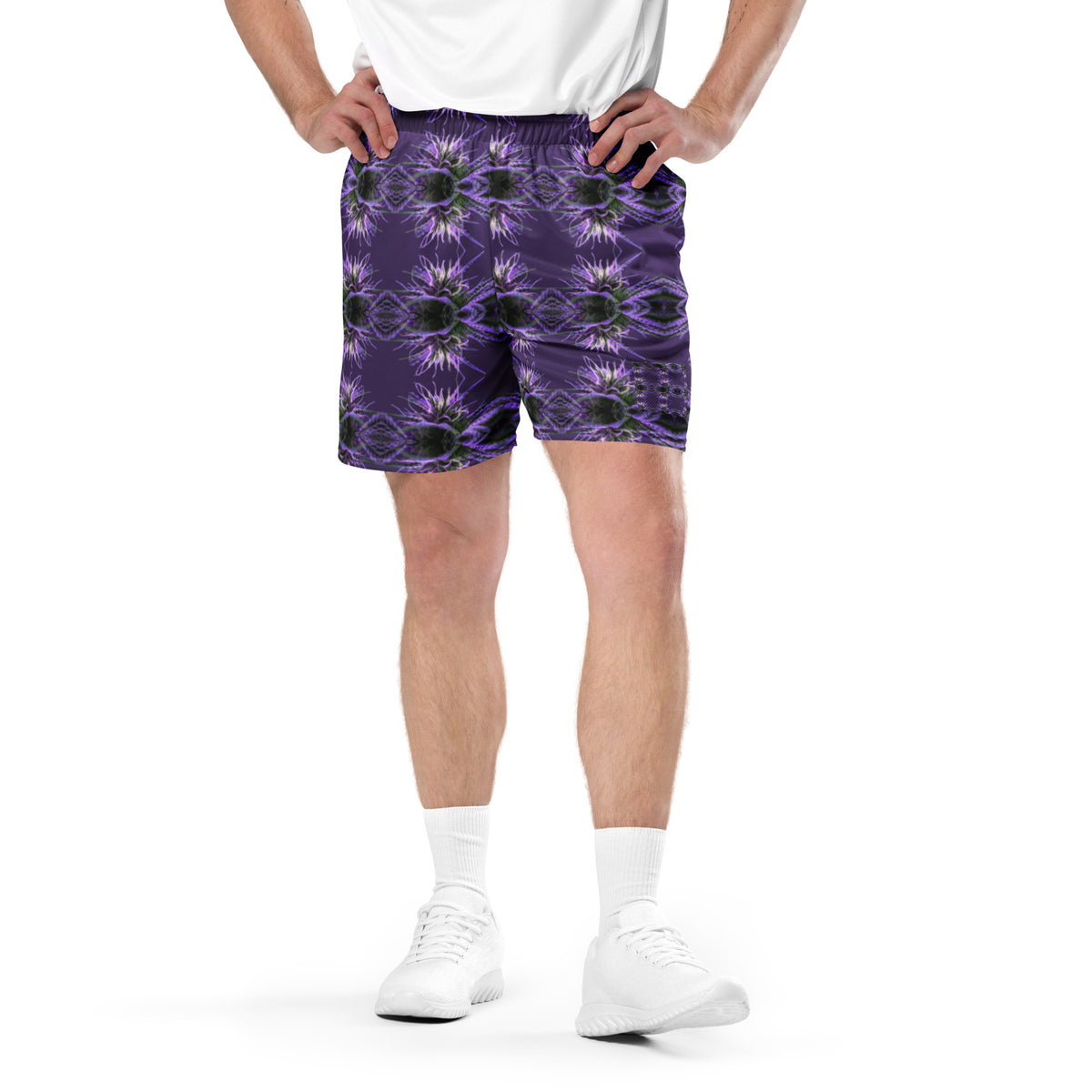 Unisex mesh shorts by BudWear with all-over recycled print, white fabric, front view showing breathable mesh material.