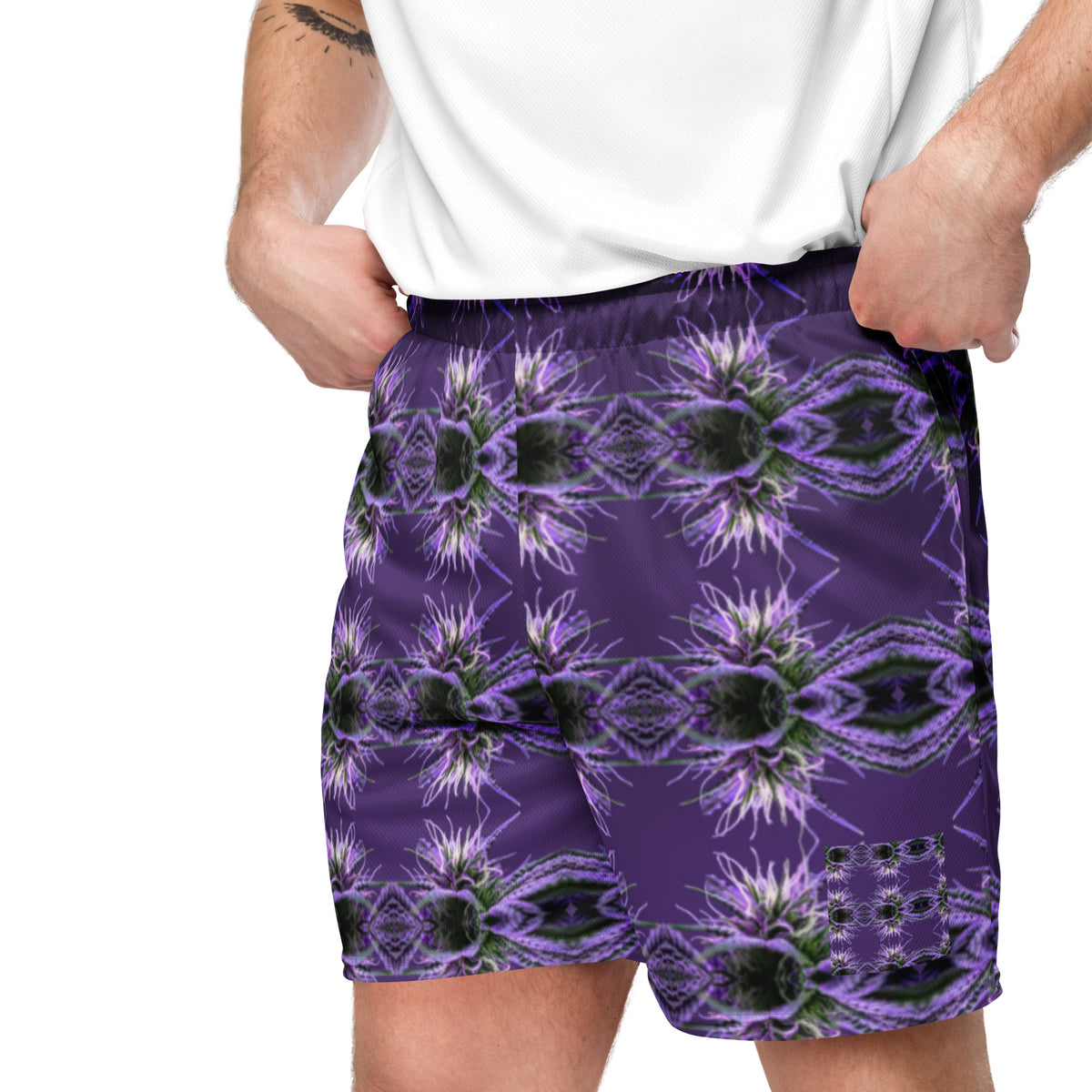 Unisex mesh shorts by BudWear with all-over recycled print, white fabric, front view showing breathable design and casual style.