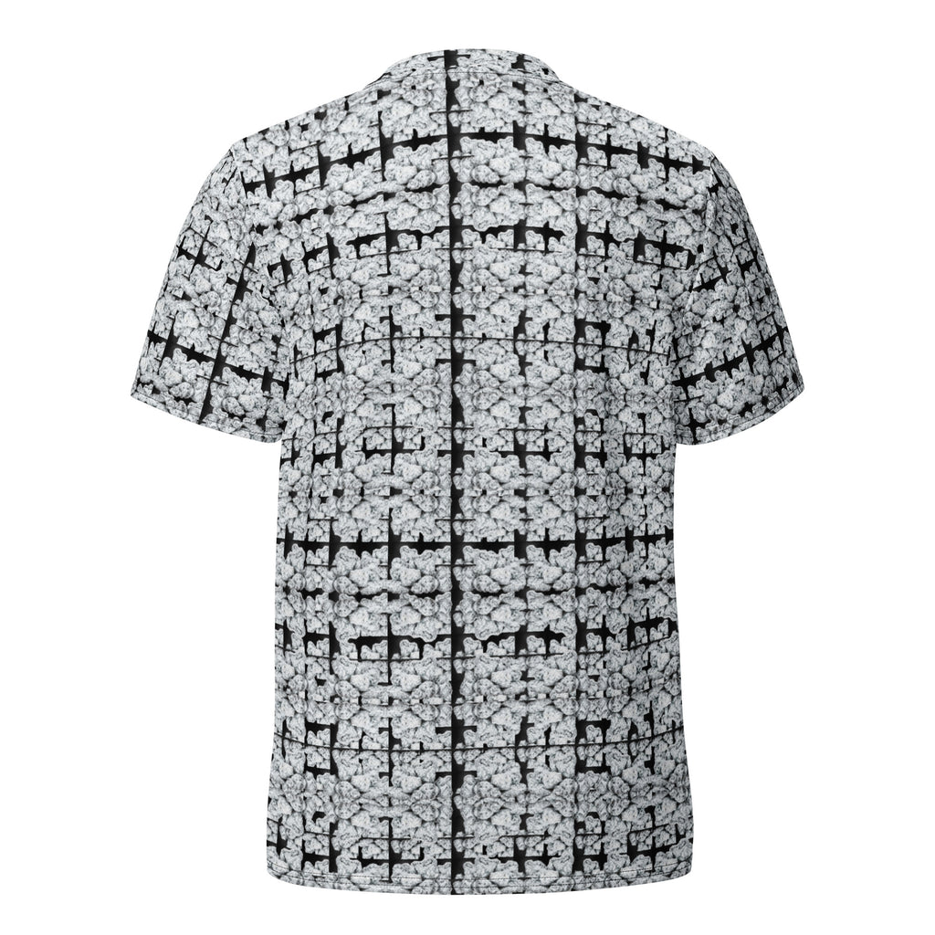 Unisex white Snow-Bud sports jersey by BudWear with all-over recycled print, featuring a back view and athletic cut-sew design.