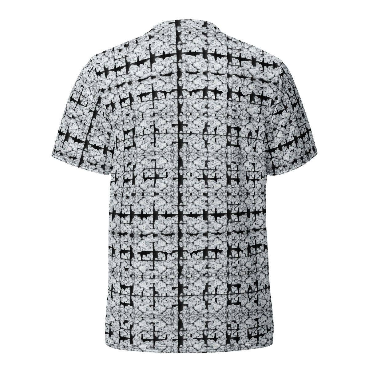 White Buds sports jersey by BudWear, all-over-print recycled unisex cut-sew jersey shown from the back.