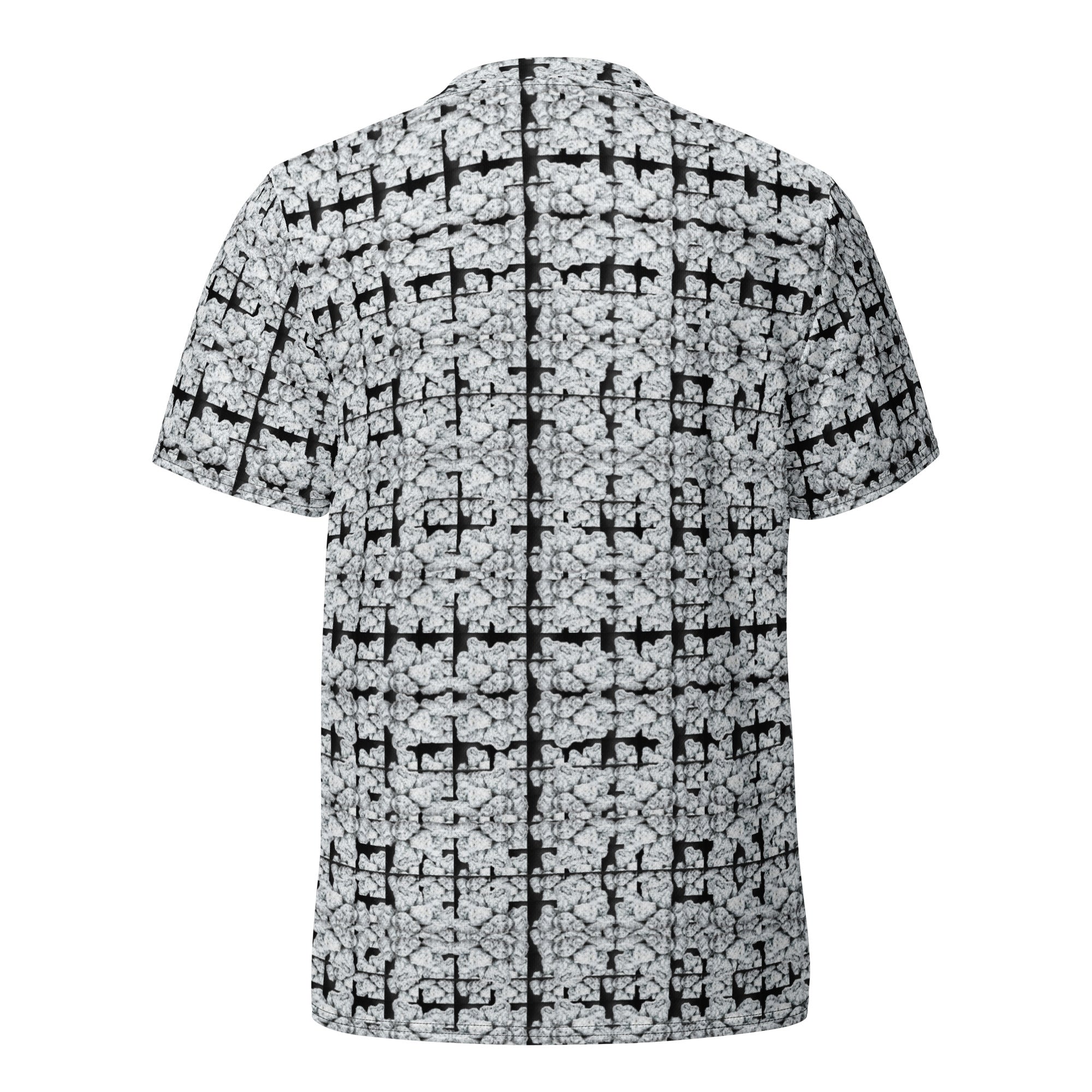 Unisex white Snow-Bud sports jersey by BudWear with all-over recycled print, featuring a back view and athletic cut-sew design.