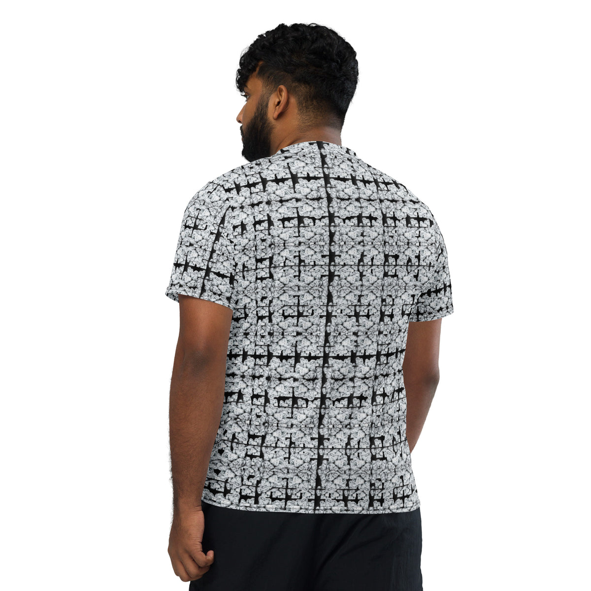 Unisex white BudWear sports jersey with all-over recycled print, featuring a cut-sew design and back view.