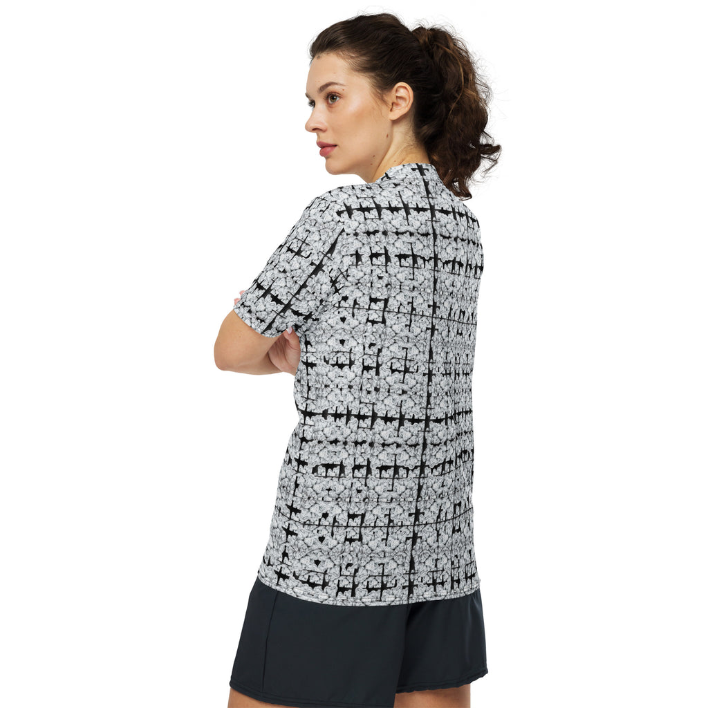 All-over white recycled unisex Snow-Bud sports jersey by BudWear, featuring colorful all-over print on the back.