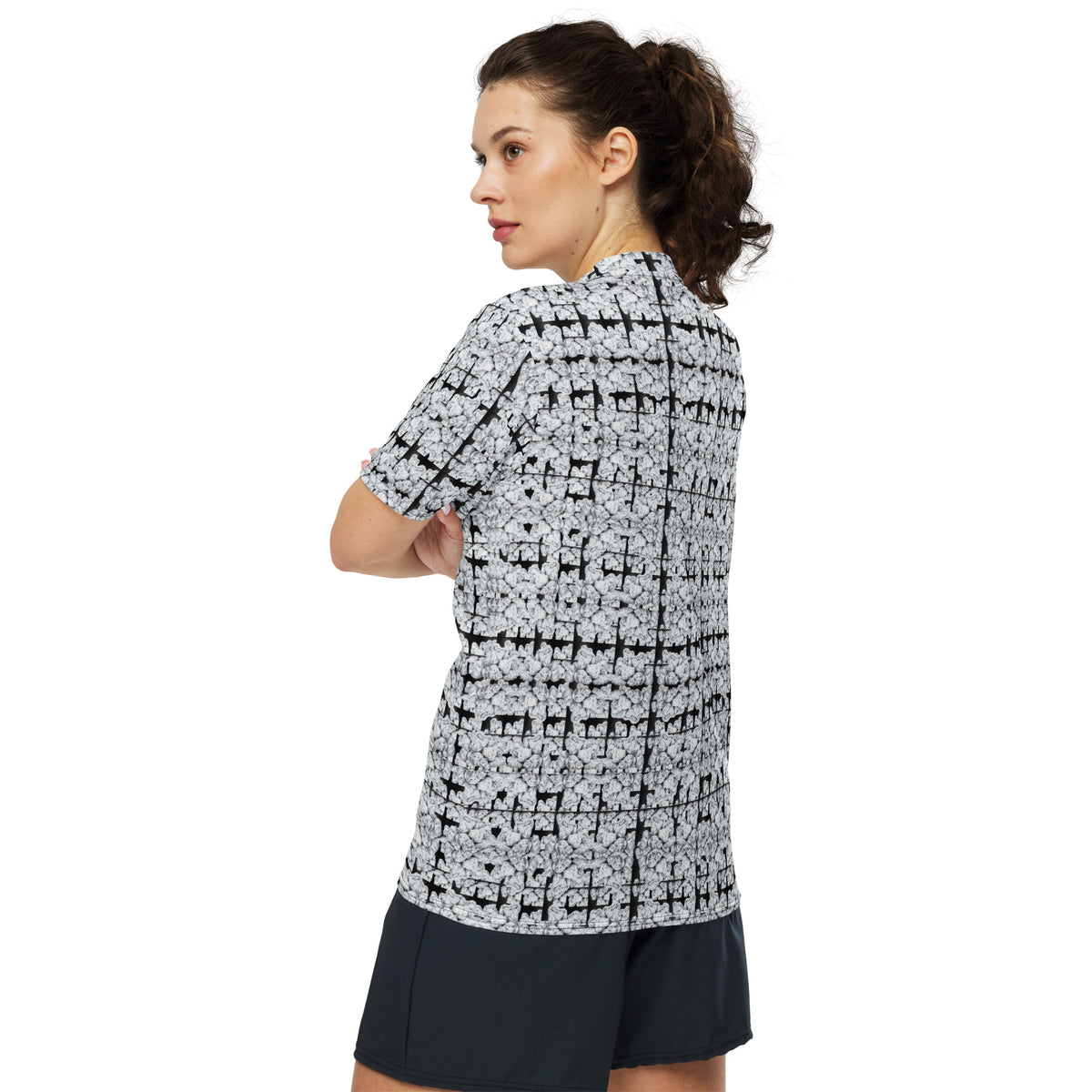 White Buds sports jersey by BudWear, all-over print unisex cut-sew recycled fabric, back view with vibrant design.
