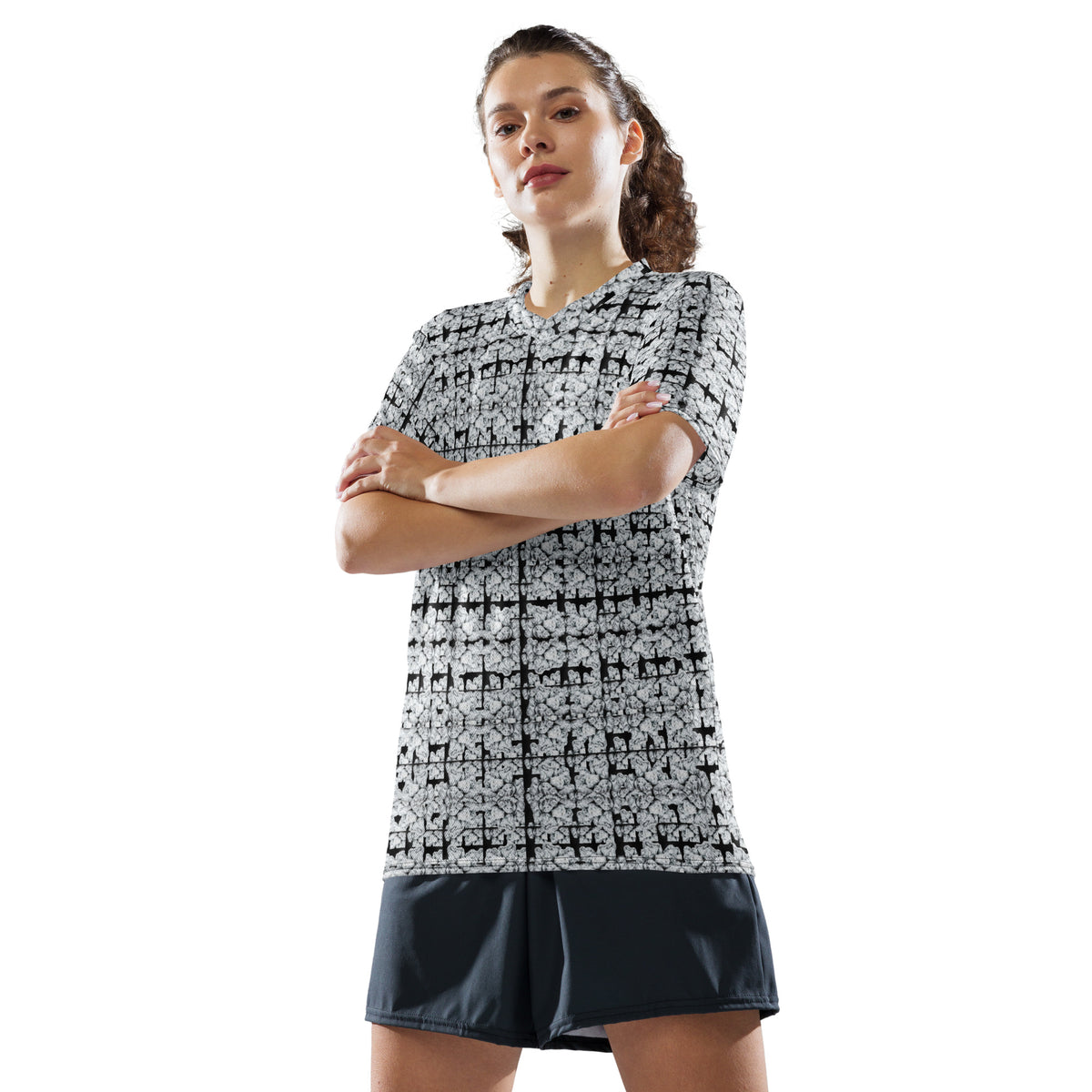 White BudWear unisex sports jersey with all-over recycled print, featuring a stylish cut-sew design on the front.