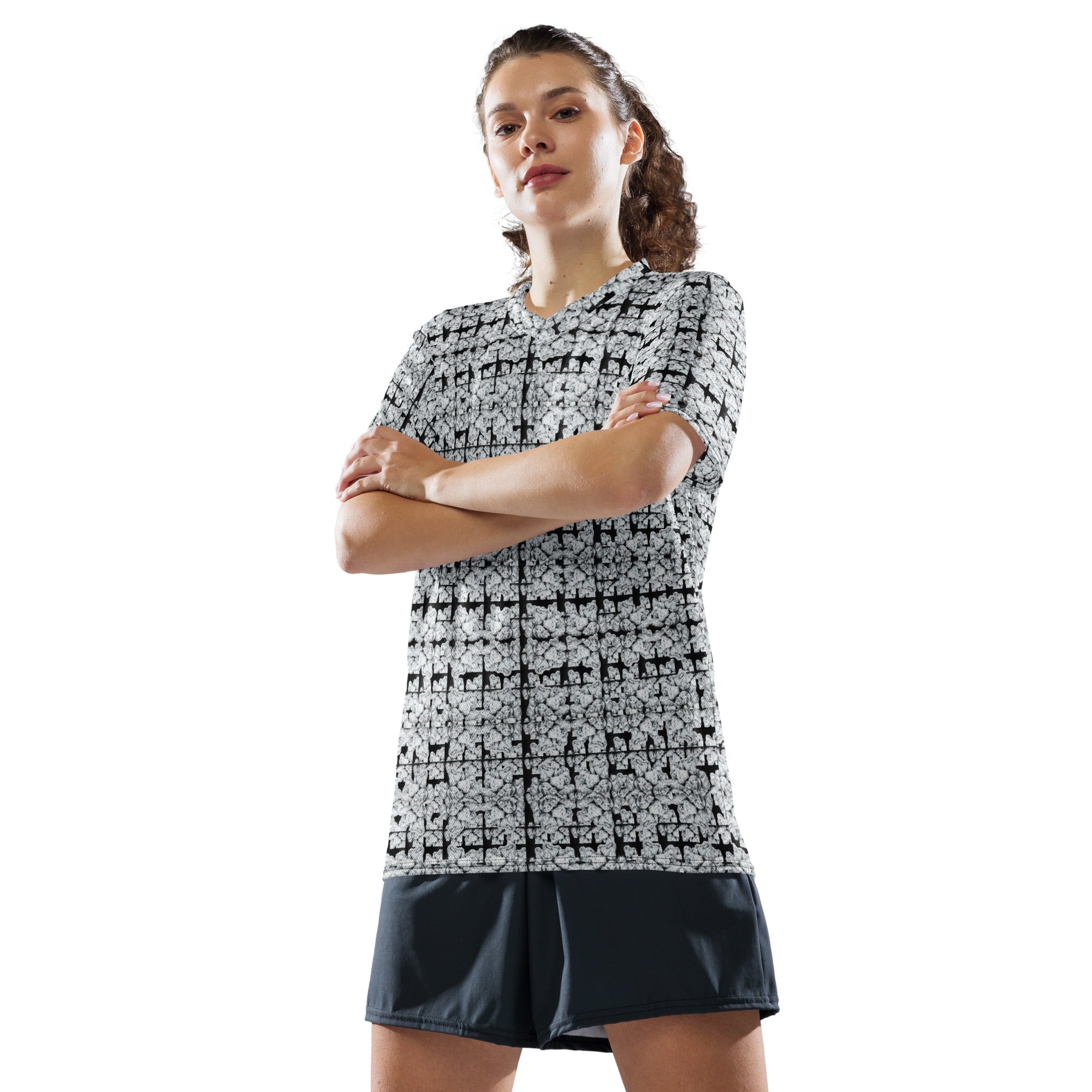 All-over print white Snow-Bud sports jersey by BudWear, unisex cut-sew athletic shirt with vibrant recycled fabric design.
