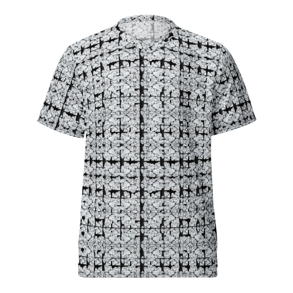 Unisex white Snow-Bud sports jersey by BudWear featuring all-over recycled print, front view of the CUT-SEW design.
