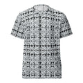Unisex white Snow-Bud sports jersey by BudWear featuring all-over recycled print, front view of the CUT-SEW design.