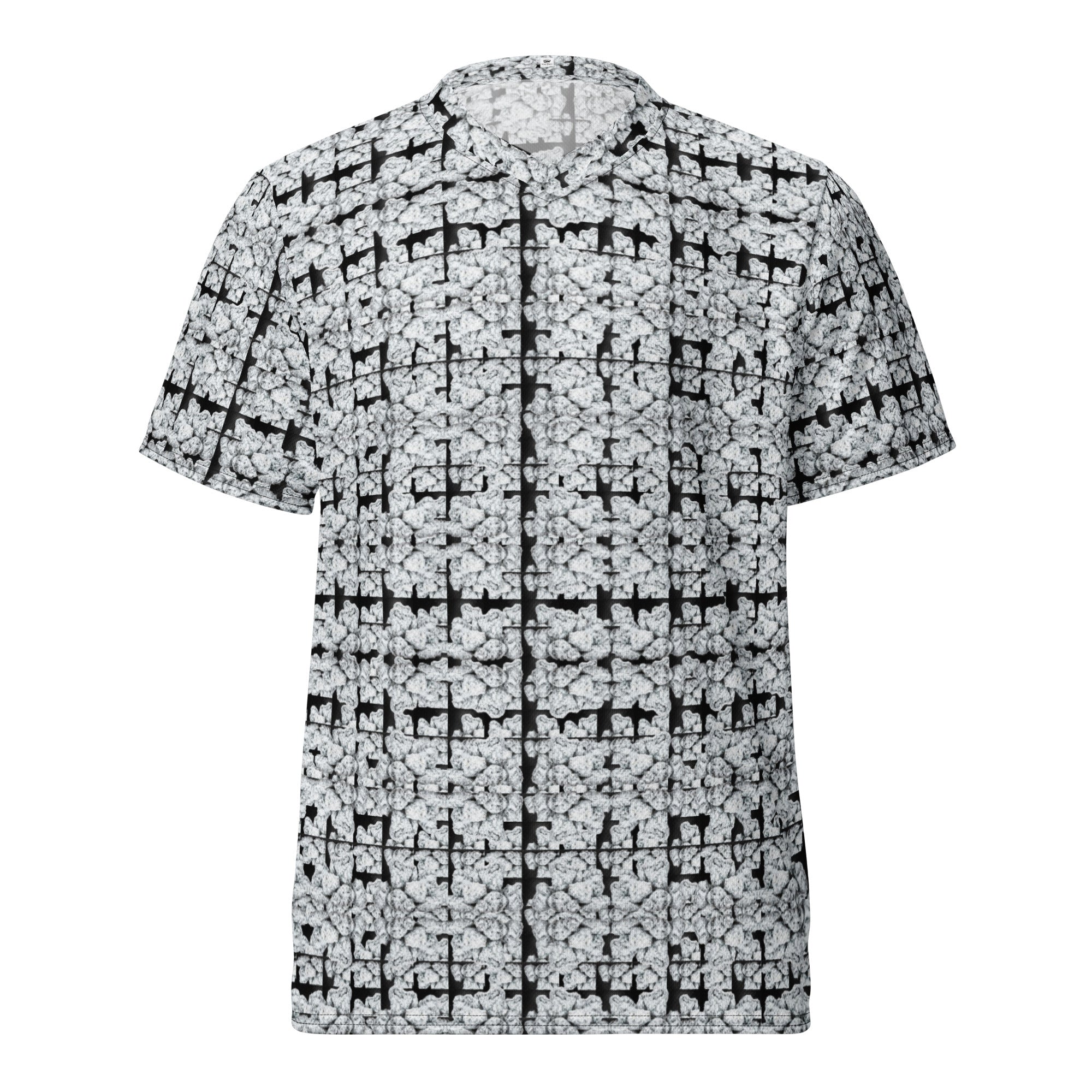 Unisex white Snow-Bud sports jersey by BudWear featuring all-over recycled print, front view of the CUT-SEW design.