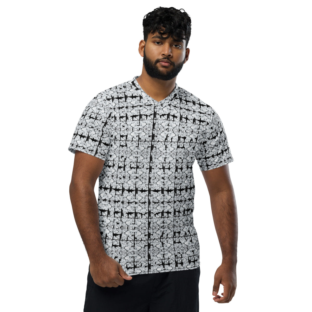 White Buds sports jersey by BudWear featuring all-over recycled print, unisex cut-sew design, front view.