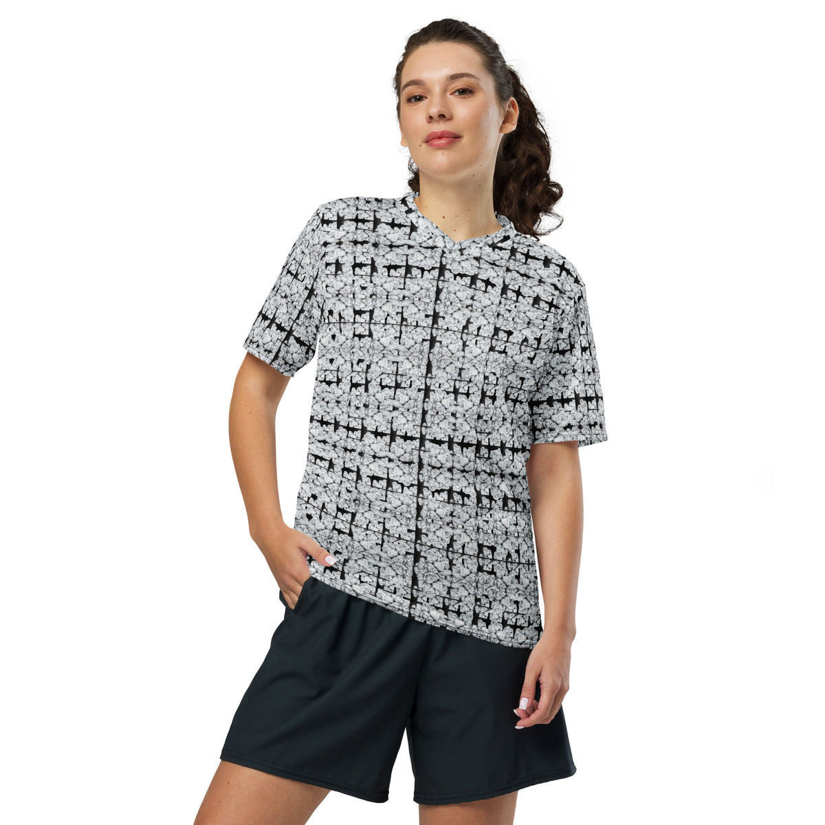White Buds sports jersey by BudWear, all-over print recycled unisex CUT-SEW jersey front view.