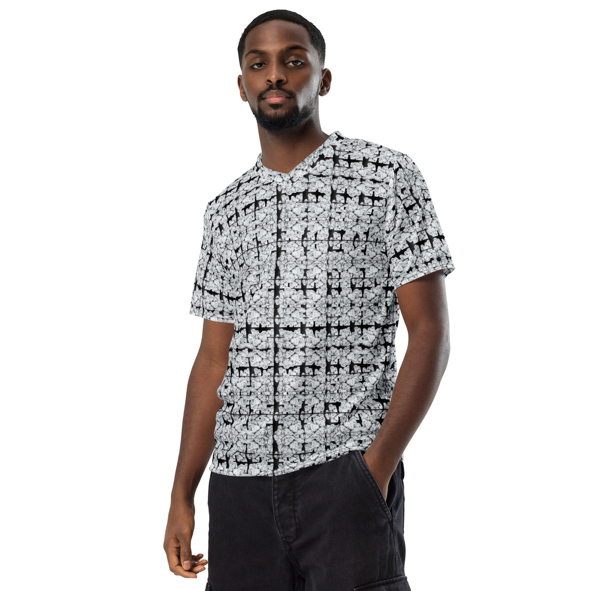 White Buds unisex sports jersey by BudWear featuring all-over recycled print, front view, casual athletic style.