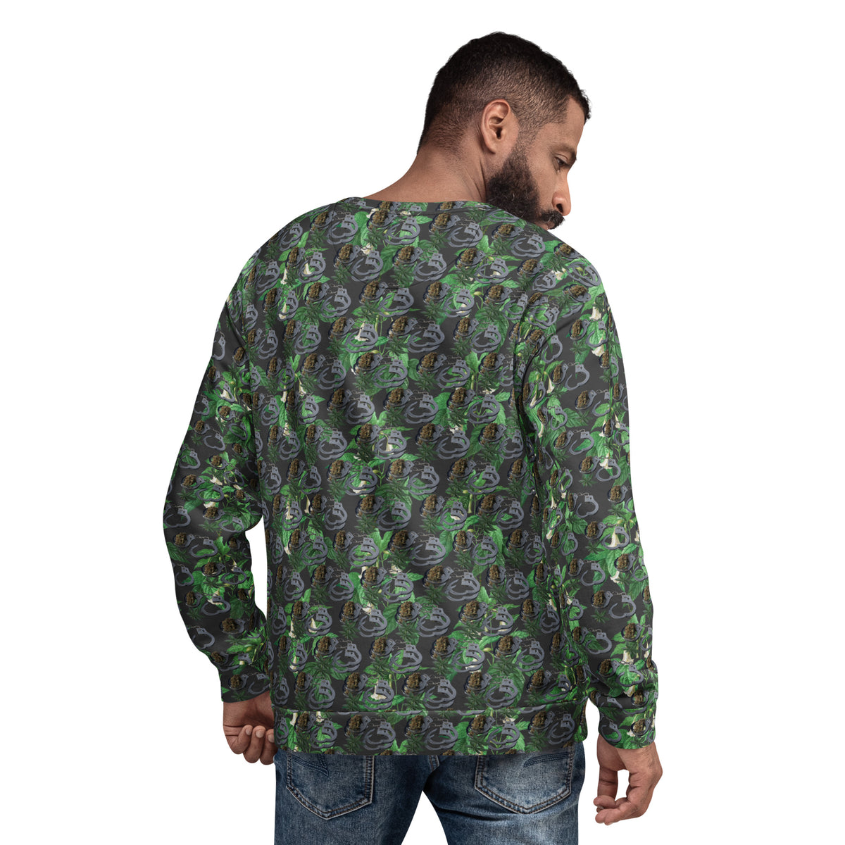 Unisex white BudWear Cuffs n Bud sweatshirt with all-over recycled print, back view showing detailed design and comfortable fit.