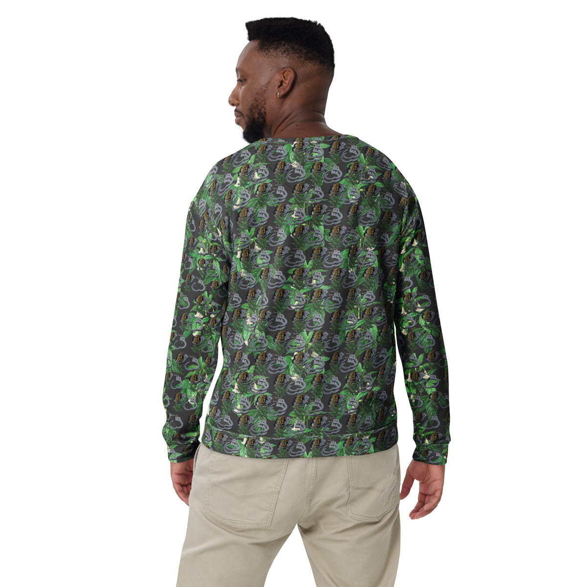 Unisex white Budwear Cuffs n Bud sweatshirt with all-over recycled print, casual fit, and long sleeves, back view.