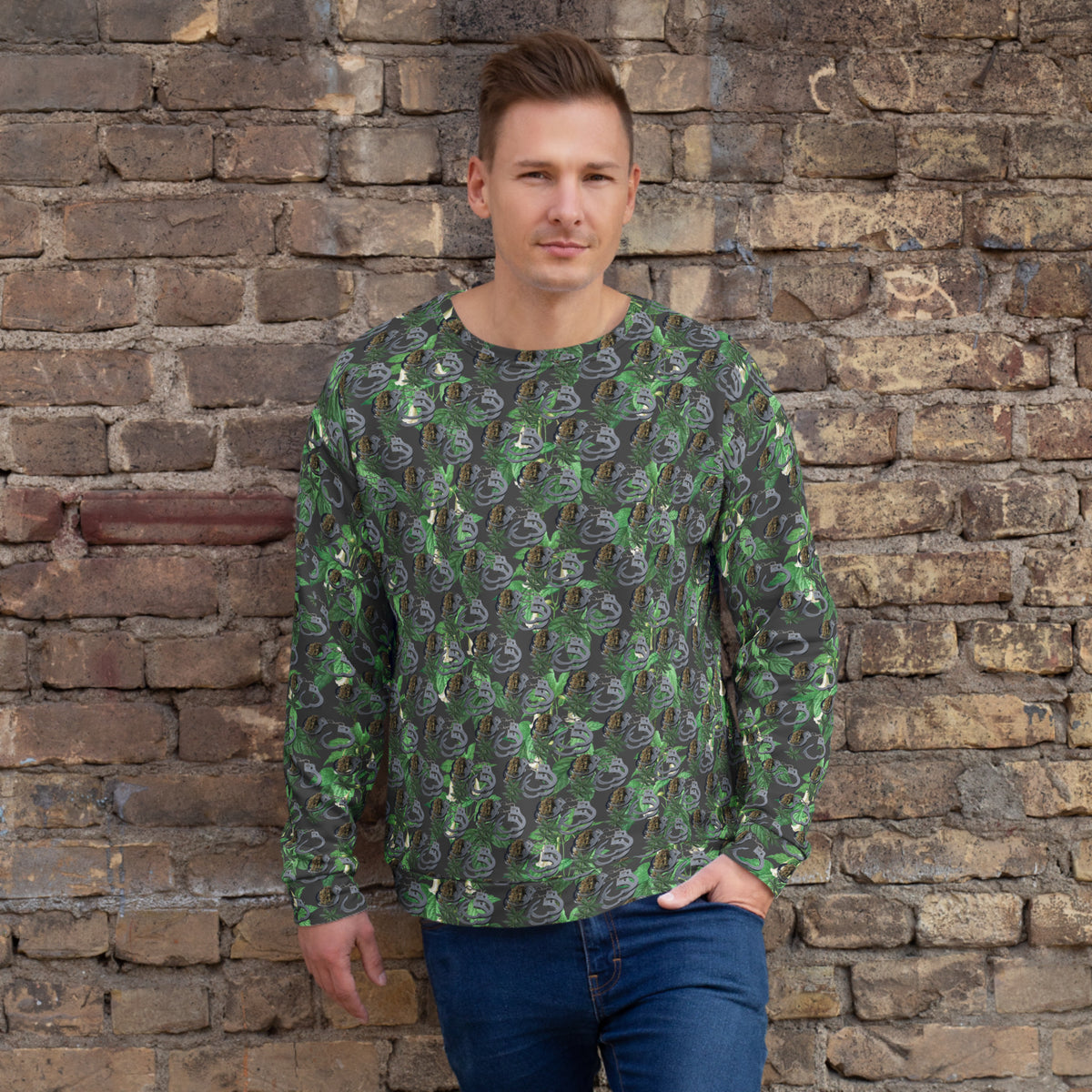 Unisex white Budwear Cuffs n Bud sweatshirt with all-over recycled print, front view, casual and comfortable clothing.