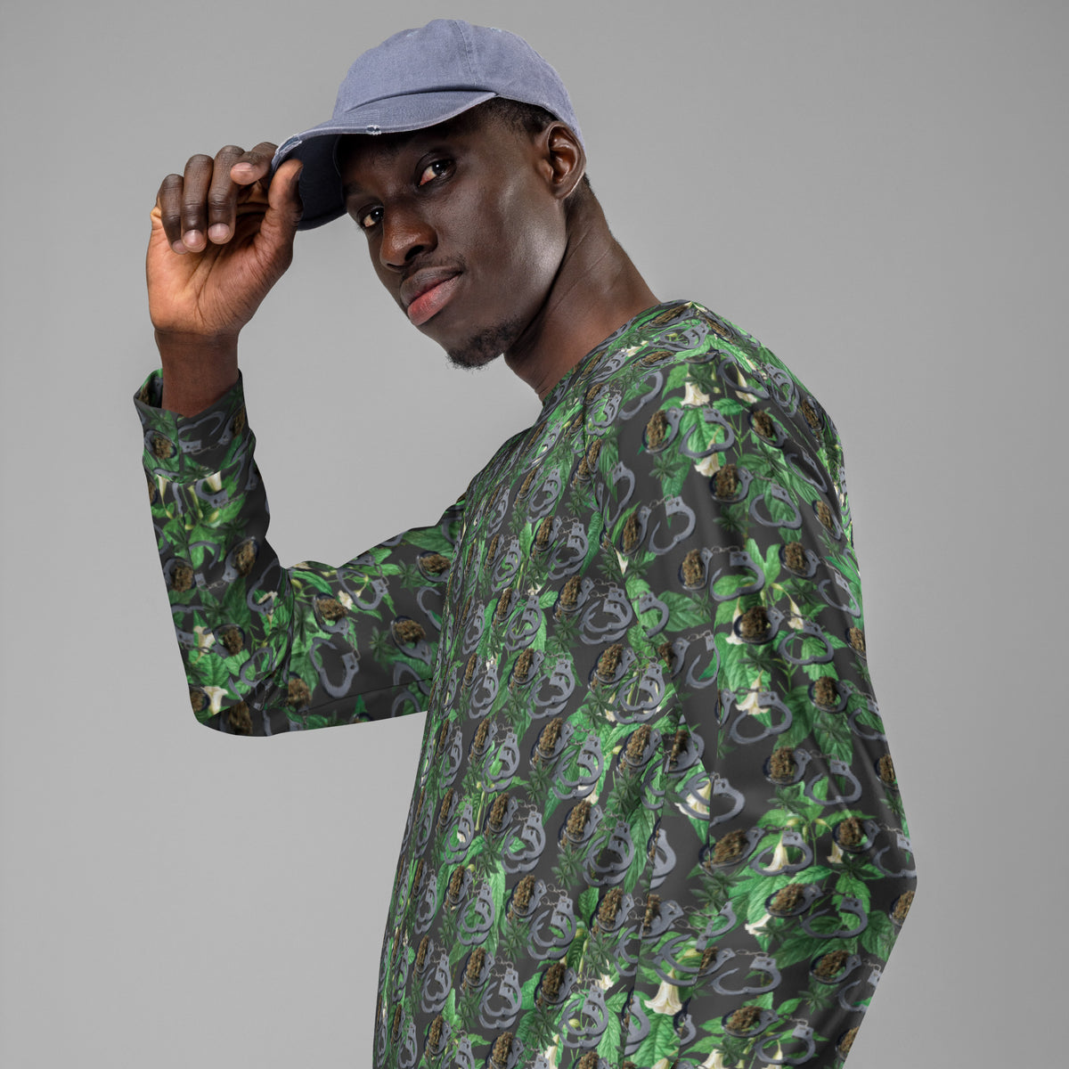 Unisex white BudWear Cuffs n Bud sweatshirt with all-over recycled print, featuring bold graphic design and comfortable fit.