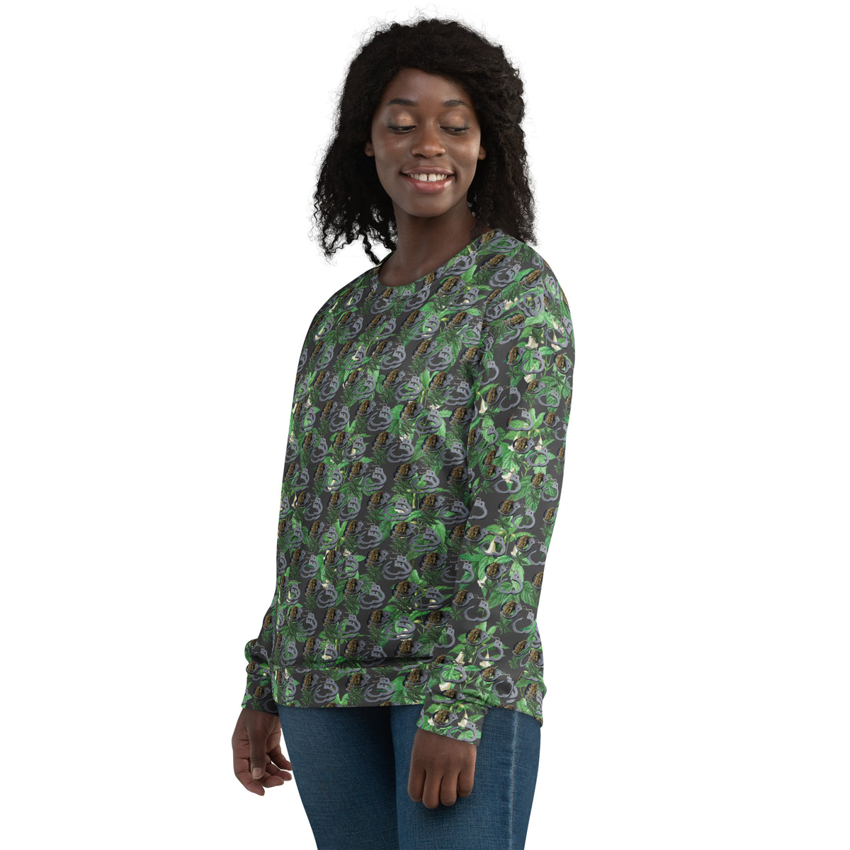 All-over print white BudWear Cuffs n Bud sweatshirt with recycled fabric, unisex design, visible front detail.