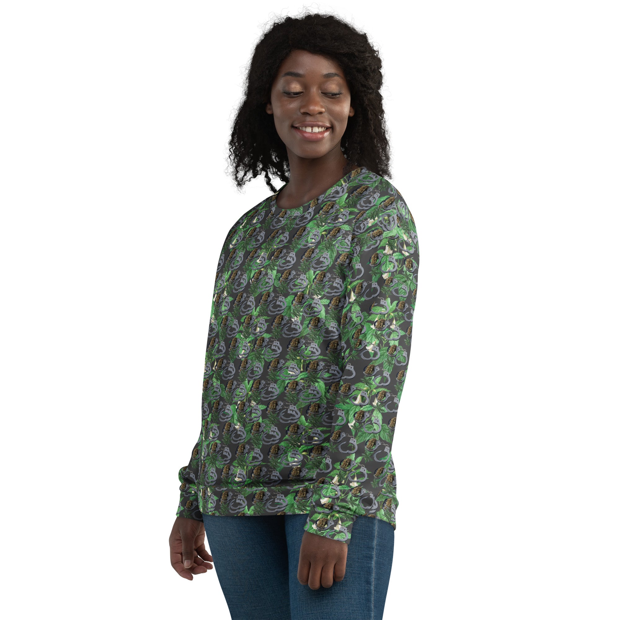 Unisex Cuffs n Bud Sweatshirt by BudWear featuring all-over recycled print on white fabric, displayed from the left front.
