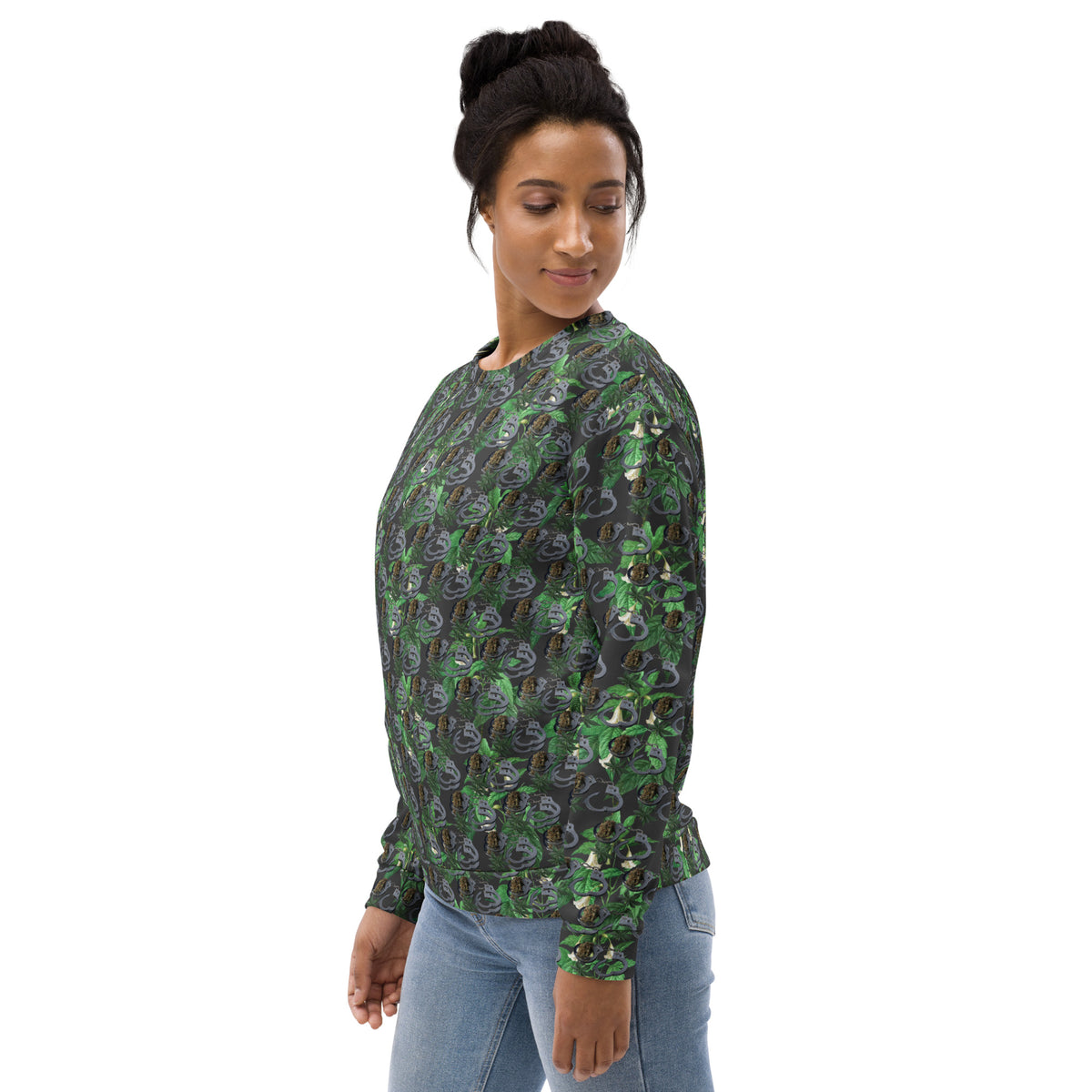 Unisex white BudWear Cuffs n Bud sweatshirt with all-over recycled print, featuring a left-front design and comfortable fit.